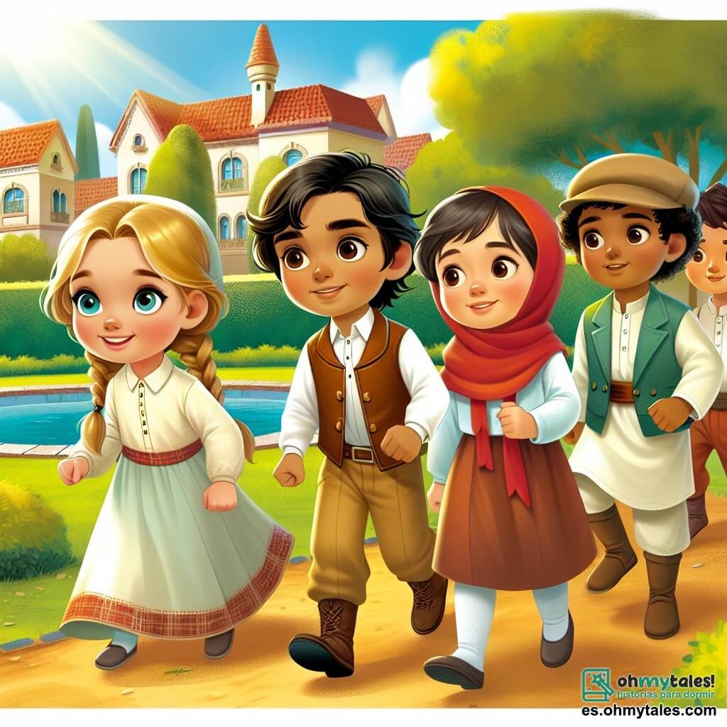 Une illustration destinée aux enfants représentant une petite fille curieuse et courageuse, accompagnée de ses amis, un garçon astucieux, une fille observatrice et un garçon courageux, se promenant dans un parc ensoleillé de Villa Juguete, à la recherche d'un mystérieux jouet perdu.