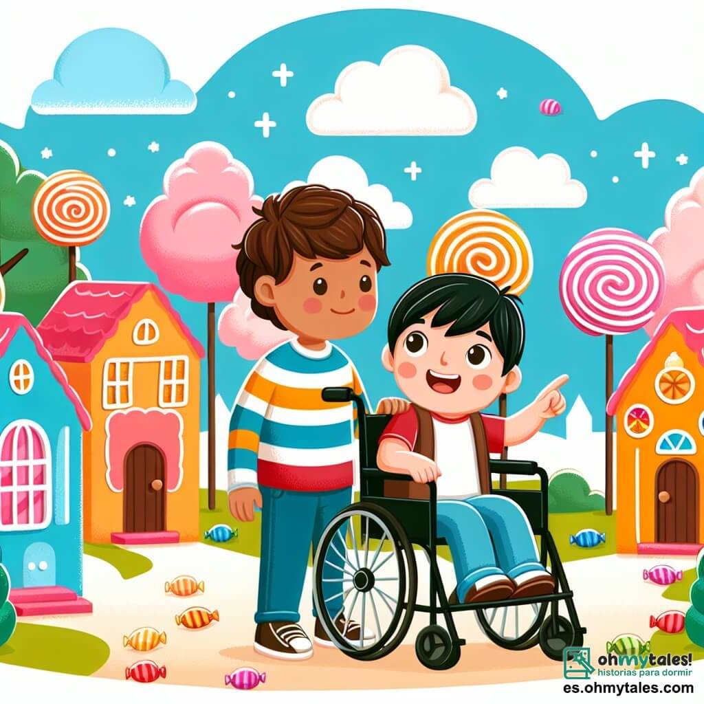 Une illustration destinée aux enfants représentant un jeune garçon plein de curiosité, accompagné d'un ami en fauteuil roulant, explorant un village coloré rempli de maisons en forme de bonbons et d'arbres aux branches en sucre filé.