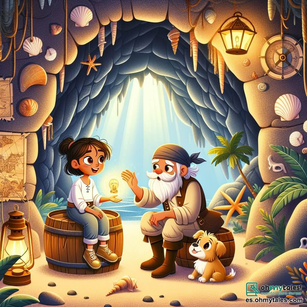 Une illustration sous forme de dessin destinée aux enfants représentant une caverne mystérieuse sur une île tropicale, avec des murs ornés de coquillages et de vieilles cartes, où une jeune fille courageuse aux cheveux bruns et aux yeux pétillants, vêtue d'une chemise blanche et d'un pantalon en toile, écoute attentivement un vieux pirate à la barbe blanche et aux vêtements usés, assis sur un baril, racontant des histoires d'aventures maritimes, tandis qu'un petit chien aux poils dorés s'assoit à ses pieds, le tout baigné dans une lumière dorée filtrant à travers l'entrée de la caverne, évoquant un moment de découverte et d'amitié.