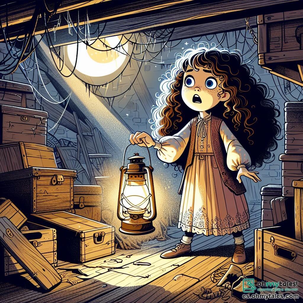 Une illustration sous forme de dessin destinée aux enfants représentant un vieux desván poussiéreux, rempli de boîtes anciennes et de toiles d'araignées, où une fille de 11 ans aux cheveux bouclés et aux grands yeux curieux, tenant une lanterne, découvre avec étonnement un amulette en forme de lune qui brille mystérieusement, tandis que des ombres dansent autour d'elle, évoquant une atmosphère à la fois magique et légèrement effrayante.