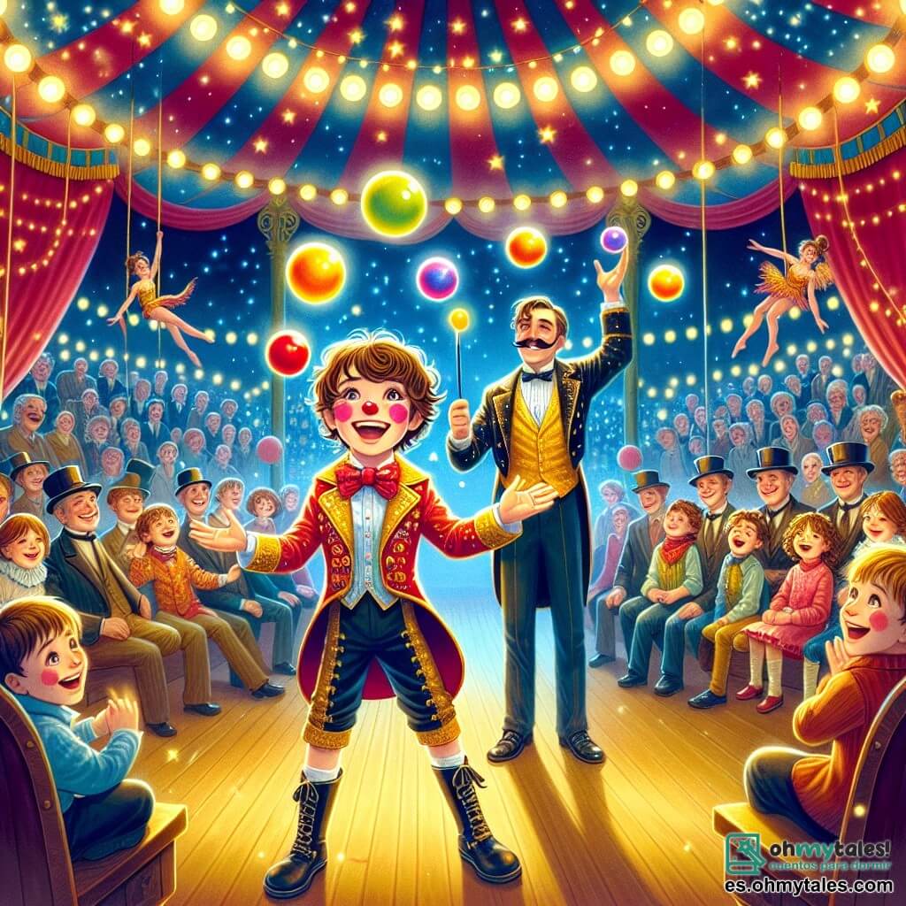 Ilustración que representa una escena vibrante dentro de una gran carpa de circo, con colores brillantes de rojo, amarillo y azul. Luces centelleantes iluminan la pista central, donde espectadores maravillados están sentados en bancos de madera, esperando con impaciencia el espectáculo. En el centro de la imagen, un niño de 11 años, con el cabello castaño desordenado y ojos brillantes de emoción, está haciendo malabares con pelotas de colores. Lleva un disfraz de payaso con patrones llamativos y una gran sonrisa en su rostro, mostrando su determinación y alegría. A su lado, un hombre de unos 30 años, con un fino bigote y un sombrero de copa, observa con una mirada benevolente. Viste una chaqueta brillante y pantalones negros, sosteniendo una varita mágica, listo para ayudar al joven en su número. En el fondo, acróbatas se lanzan por los aires, mientras un grupo de espectadores aplaude con entusiasmo. Globos flotan en el aire, añadiendo un toque de magia a la atmósfera festiva. La escena irradia una sensación de alegría, asombro y camaradería, capturando la esencia de un día de circo inolvidable.