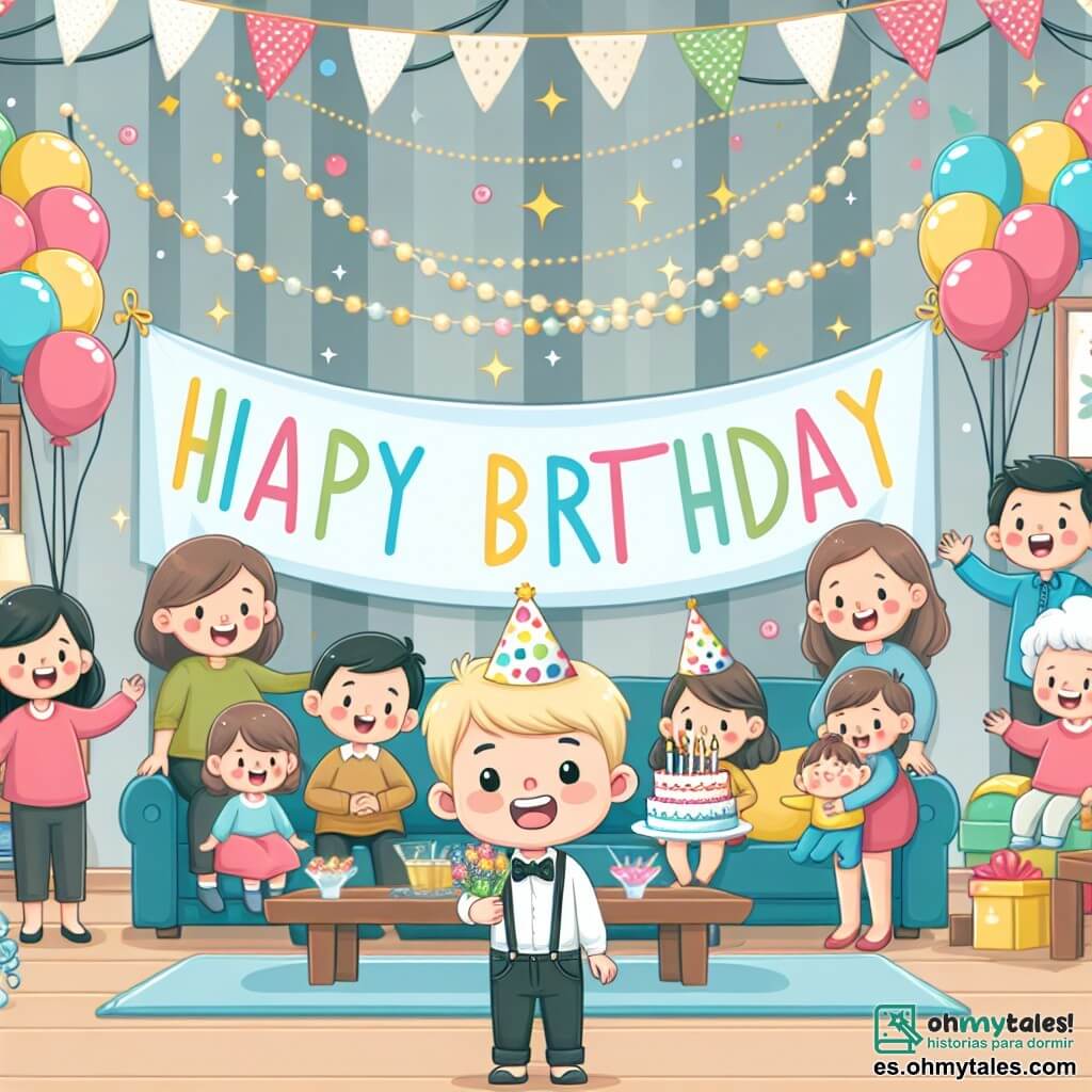 Une illustration destinée aux enfants représentant un petit garçon joyeux célébrant son anniversaire entouré de sa famille et de ses amis, dans un salon décoré de ballons colorés, guirlandes scintillantes et une grande pancarte "Joyeux Anniversaire".