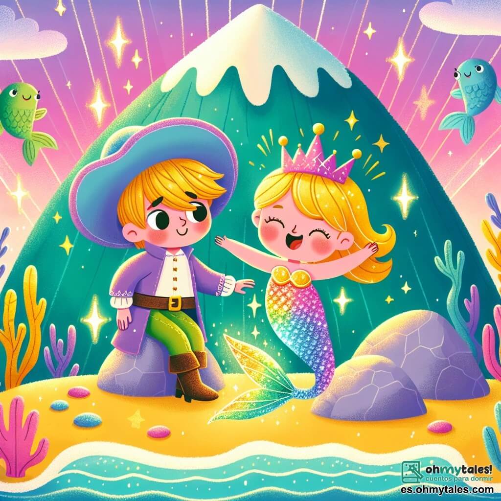 Une illustration sous forme de dessin destinée aux enfants représentant une montagne magique aux couleurs vives, avec un prince courageux aux cheveux blonds et au sourire éclatant, portant un grand chapeau qui lui tombe sur les yeux, en train de pousser une sirène joyeuse aux écailles scintillantes et à la queue brillante, qui rit et danse autour de lui, alors qu'ils cherchent ensemble sa queue coincée entre des pierres, le tout baigné dans une lumière enchanteresse et entouré d'animaux fantastiques curieux.