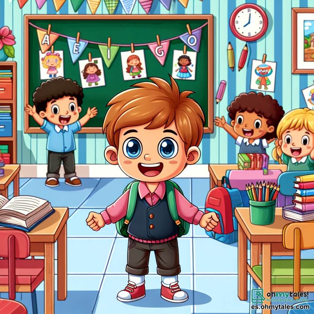 Une illustration destinée aux enfants représentant un petit garçon excité le jour de la rentrée des classes, entouré de ses amis dans une salle de classe colorée et pleine de livres et de dessins accrochés aux murs.