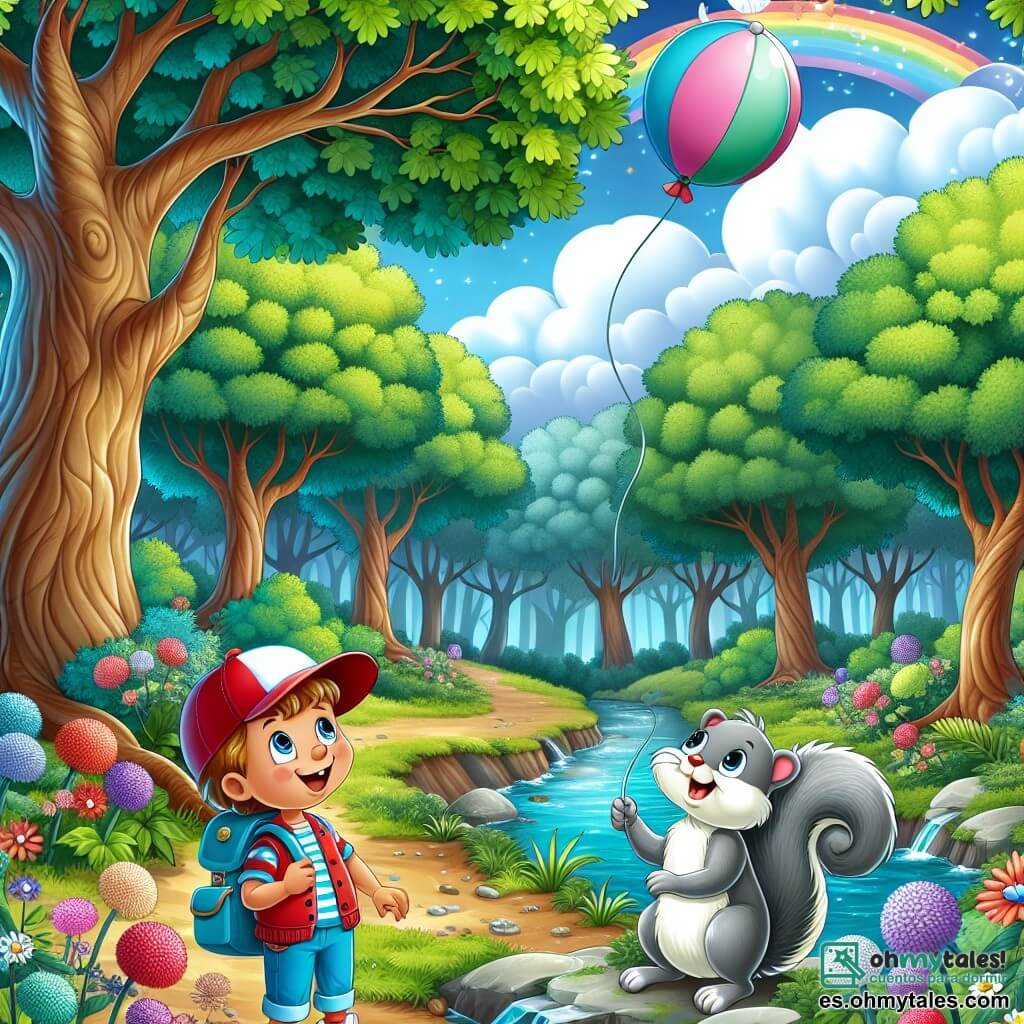Une illustration sous forme de dessin destinée aux enfants représentant un forêt enchantée avec des arbres hauts aux feuilles brillantes et un petit ruisseau chantant, où un garçon de 5 ans avec une gorra rouge et une mochila bleue, souriant et déterminé, se tient aux côtés d'une petite écureuil grise à la queue touffue, tous deux observant une grande nuage colorée dans le ciel qui a emporté un ballon de fête, symbolisant leur aventure pour retrouver le ballon perdu de la tortue, entourés de fleurs éclatantes et d'une ambiance magique.