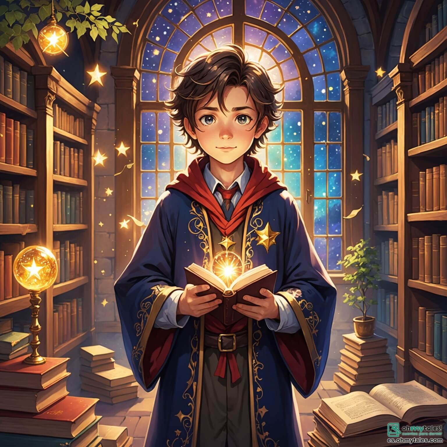Une illustration destinée aux enfants représentant un jeune apprenti sorcier aux cheveux en bataille et aux yeux pétillants de curiosité, vêtu d'une robe de sorcier ornée d'étoiles scintillantes, se tenant au cœur d'une école de magie colorée, où les murs sont tapissés de livres anciens aux couvertures dorées, les fenêtres laissent passer la lumière d'un soleil radieux illuminant des arbres aux feuilles en sucre d'orge, tandis qu'à ses côtés se trouvent une fille aux cheveux roses, pleine d'enthousiasme et d'ingéniosité, ainsi qu'un garçon au sourire malicieux, tous deux prêts à l'aider dans sa quête pour retrouver la précieuse varita magique de leur maîtresse, la Sra. Miel, une bruja au chapeau pointu, dans un monde où les bonbons et les créatures enchantées dansent autour d'eux, créant une atmosphère ensorcelante et amusante.