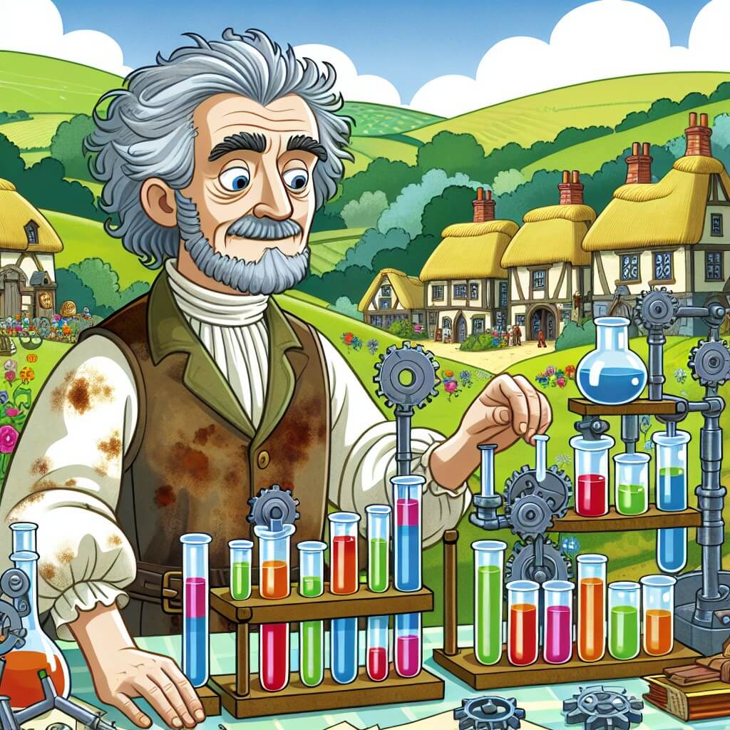 Une illustration destinée aux enfants représentant un homme aux cheveux gris, vêtu d'une blouse tachée, qui invente des machines étonnantes dans son laboratoire rempli de tubes à essai colorés et d'engrenages brillants, dans un petit village pittoresque entouré de collines verdoyantes et de maisons aux toits de chaume.
