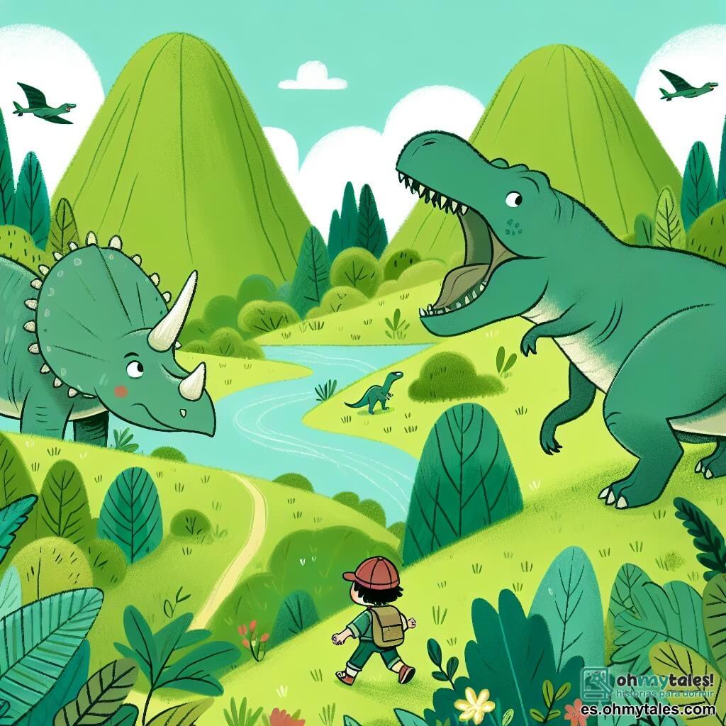Une illustration destinée aux enfants représentant un tricératops courageux, un tyrannosaure perdu, et un valle verdoyant et frondoso où se déroule une aventure pleine de mystère et d'amitié.