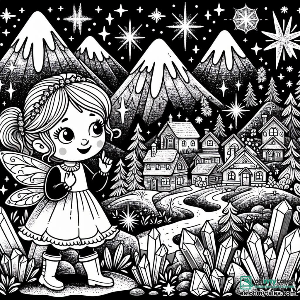 Une illustration destinée aux enfants représentant une fillette curieuse découvrant un royaume magique rempli de cristal brillants, accompagnée par un Hada Estelar, dans un village au pied des montagnes, où les étoiles dansent dans le ciel nocturne.