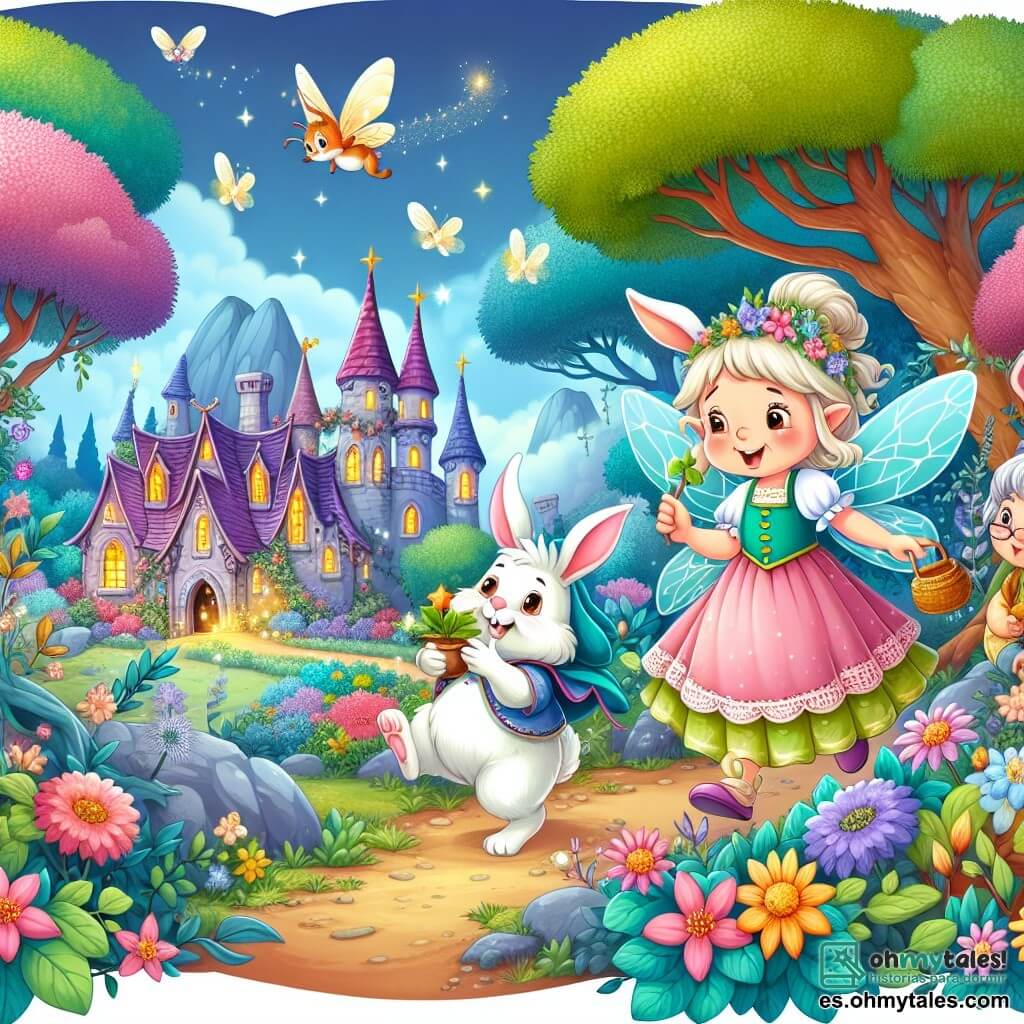 Une illustration destinée aux enfants représentant une fée espiègle, accompagnée d'un adorable lapin sage, dans un village féerique entouré d'arbres majestueux et de fleurs colorées, où ils découvrent un trésor mystérieux et partent à la recherche d'une varita magique perdue.
