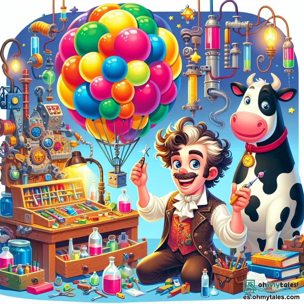 Une illustration sous forme de dessin destinée aux enfants représentant un atelier coloré et chaotique rempli de machines étranges et de gadgets, où un homme à la chevelure ébouriffée et au sourire malicieux, vêtu d'une veste à poches débordant d'outils, travaille avec enthousiasme sur un grand ballon multicolore, tandis qu'une vache curieuse, aux yeux pétillants et au pelage blanc et noir, observe avec fascination, le tout baignant dans une lumière enjouée qui évoque l'esprit d'invention et de magie.