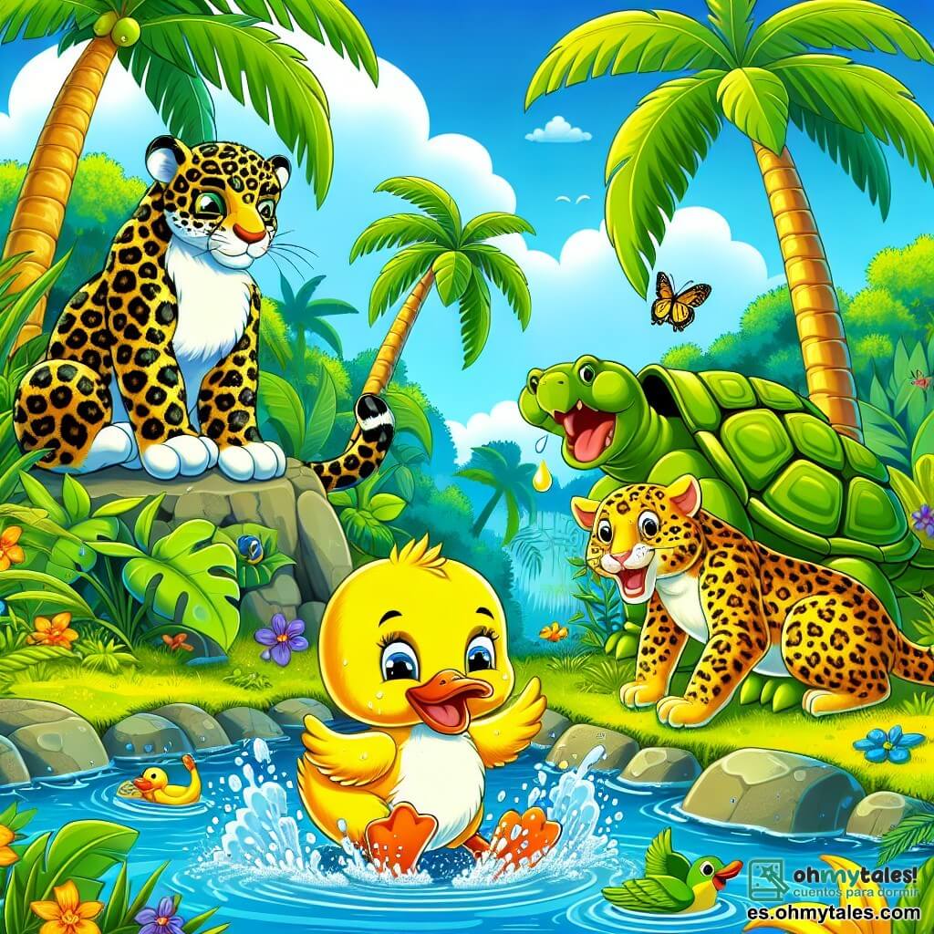 Ilustración que representa una jungla vibrante y colorida, con palmeras de hojas exuberantes y un cielo azul brillante. En el centro, un pato de plumaje amarillo brillante, con ojos redondos y chispeantes, que se encuentra sobre una pequeña piedra al borde de un charco, riendo alegremente mientras salpica agua a su alrededor. Cerca, un jaguar de manchas negras y doradas, con una expresión divertida, observa la escena, mientras que una tortuga de caparazón verde y rugoso, con un aire sabio, prepara una mezcla de frutas sobre una hoja gigante. La situación principal muestra al pato divirtiéndose en el agua, creando salpicaduras, mientras los otros animales ríen y se animan, rodeados de flores tropicales coloridas y mariposas revoloteando.