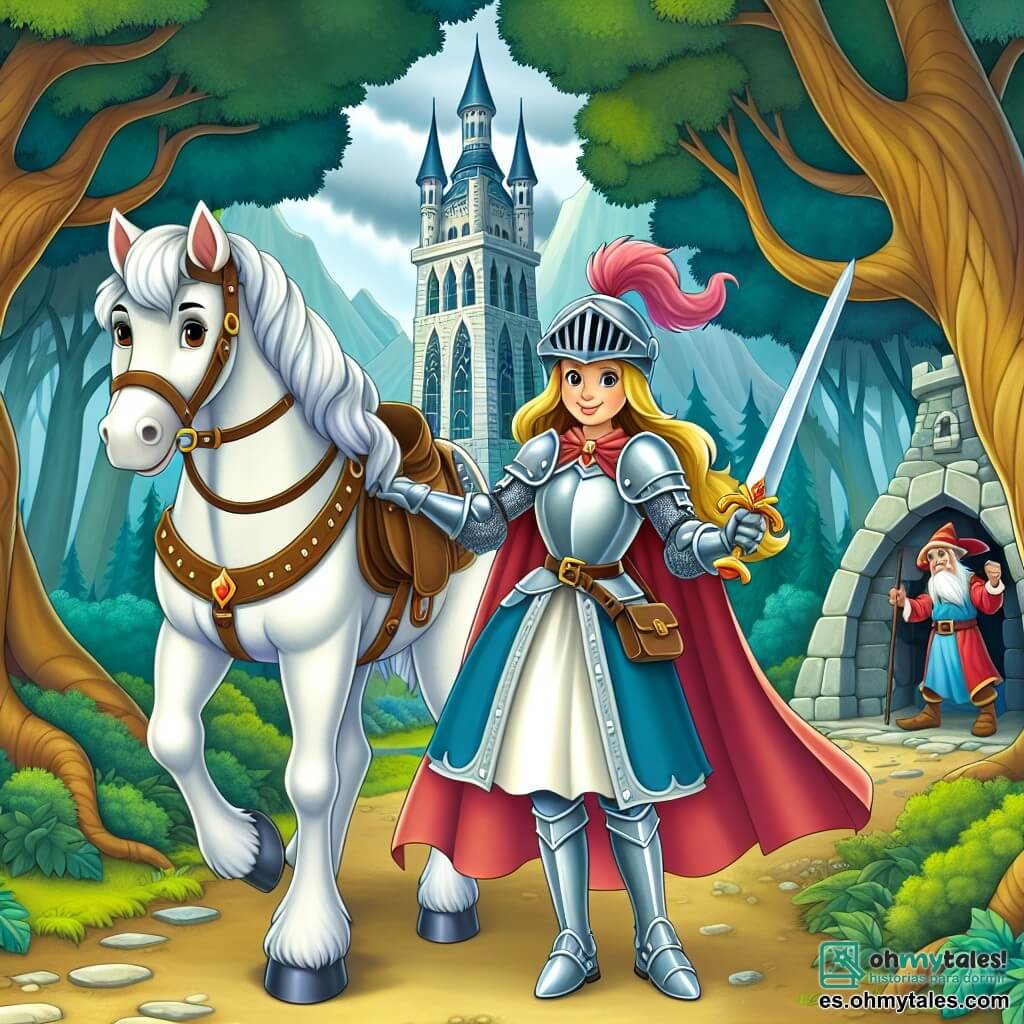 Une illustration destinée aux enfants représentant une chevalière courageuse se tenant fièrement devant la majestueuse Torre de los Mil Encantamientos, accompagnée de son fidèle corcel blanc, dans le mystérieux Bosque Encantado, prête à affronter un malvado hechicero pour protéger son royaume.