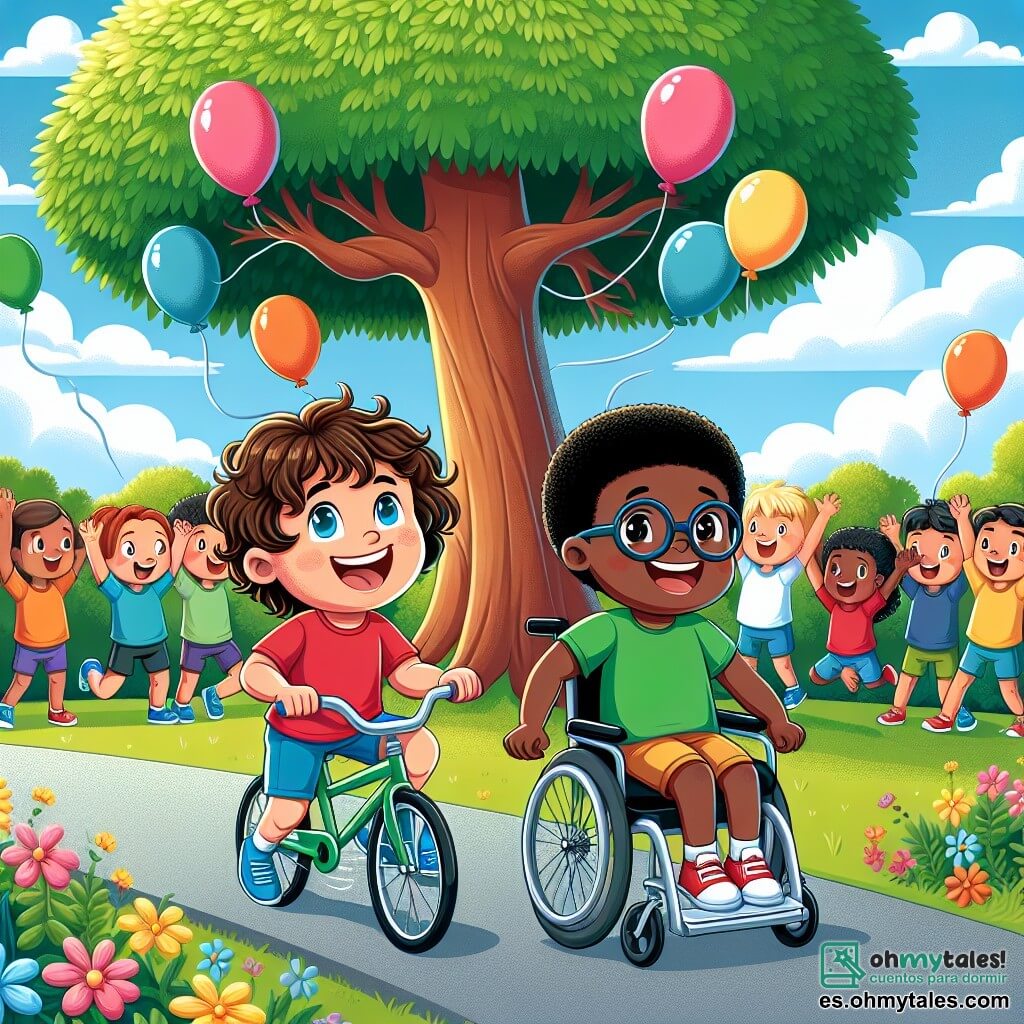 Ilustración que representa un parque soleado, lleno de vegetación y flores coloridas. En el centro, un gran árbol con hojas exuberantes ofrece sombra a un grupo de niños. Un niño de 7 años, con cabello castaño y rizado, lleva una camiseta roja y un pantalón corto azul. Está sentado en una bicicleta, sonriendo alegremente, listo para animar a su amigo. Junto a él, otro niño de 7 años, con cabello negro y liso y piel caramelo, está en una silla de ruedas. Lleva una camiseta verde y gafas, mostrando una gran sonrisa, lleno de entusiasmo. La escena muestra a los dos niños preparándose para una carrera amistosa, rodeados de otros niños que los animan con gritos de emoción. Los niños, de diferentes orígenes étnicos, son alegres e inclusivos, mostrando el espíritu de camaradería y tolerancia. Globos coloridos flotan en el aire, añadiendo un toque festivo a la ilustración.