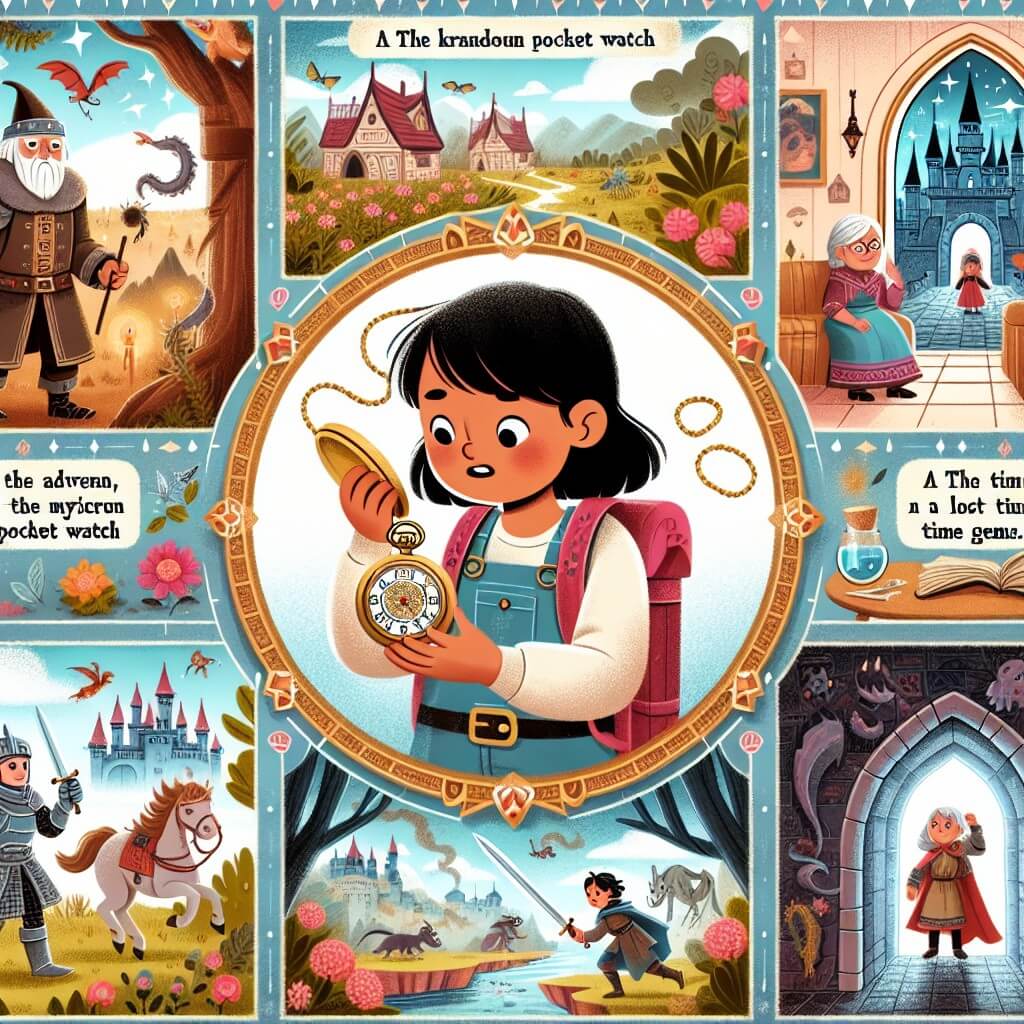Une illustration destinée aux enfants représentant une jeune aventurière passionnée par la science, découvrant un mystérieux reloj de poche dans le grenier de sa grand-mère, l'entraînant dans un voyage à travers un portail magique vers un monde médiéval rempli de chevaliers, de châteaux et de dragons, où elle rencontre un mystérieux chevalier du temps et se lance dans une mission périlleuse pour retrouver les gemmes du temps perdues, tout en explorant des décors enchanteurs tels qu'une forêt magique où les plantes prennent vie et un sombre château où les ombres se cachent dans chaque recoin.