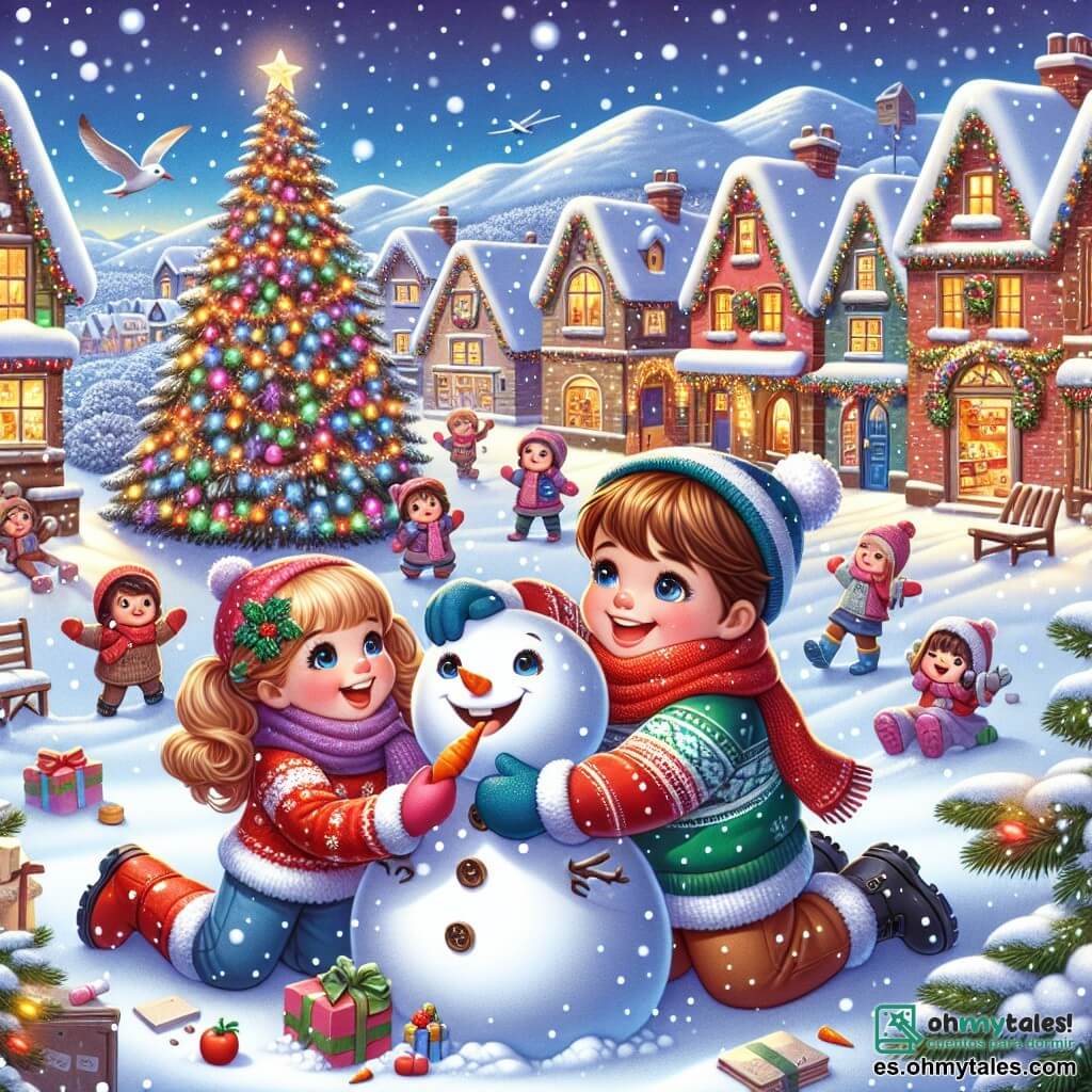 Ilustración que representa una escena festiva de Navidad en un pueblo nevado. El paisaje está lleno de casas coloridas con techos cubiertos de nieve brillante, luces multicolores que brillan en cada ventana y un gran árbol decorado en el centro de la plaza. En primer plano, un niño de cinco años, con cabello castaño y ojos brillantes, lleva un suéter rojo y botas de nieve. Está formando un muñeco de nieve, riendo alegremente. A su lado, una niña de seis años, con cabello rubio en dos coletas, vestida con una bufanda azul y un abrigo rosa, sostiene una zanahoria para la nariz del muñeco de nieve, sonriendo con entusiasmo. La escena principal muestra a los niños jugando juntos, rodeados de copos de nieve que caen suavemente del cielo. En el fondo, otros niños se divierten lanzando bolas de nieve y construyendo un gran muñeco de nieve, creando una atmósfera de alegría y camaradería. Estrellas brillan en el cielo nocturno, añadiendo un toque mágico a esta encantadora escena navideña.