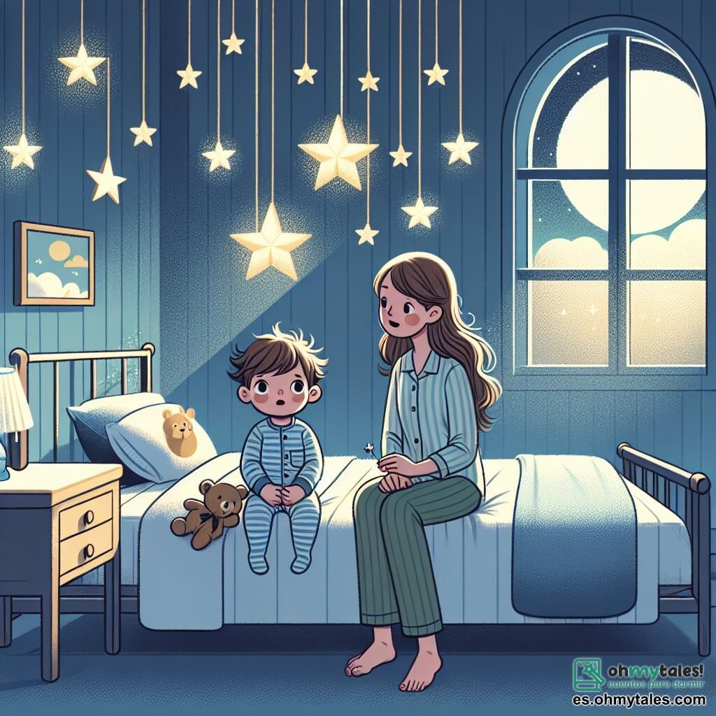 Ilustración que representa una habitación infantil espaciosa y cálida, con paredes pintadas de azul claro y estrellas doradas brillando en el techo. En el centro de la habitación, un niño de aproximadamente un año, con el cabello castaño desordenado y ojos llenos de curiosidad, está sentado en su cama. Lleva un pijama a rayas azul y blanco, abrazando un oso de peluche contra su pecho, con una ligera expresión de preocupación en su rostro. A su lado, una mujer de unos treinta años, con cabello largo castaño y una sonrisa reconfortante, se agacha para hablarle suavemente. La luz de la luna entra por la ventana, creando sombras suaves y una atmósfera tranquila. En una esquina de la habitación, un móvil en forma de estrellas gira lentamente, añadiendo un toque mágico a la escena. El niño mira por la ventana, fascinado por las estrellas brillantes en el cielo nocturno, mientras su mamá le explica que estas luces cuidan de él.