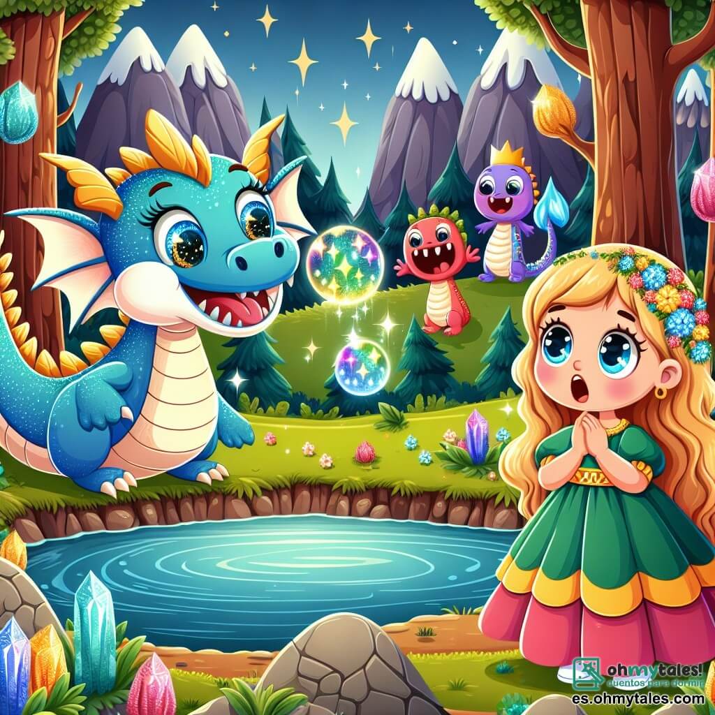 Une illustration sous forme de dessin destinée aux enfants représentant un magnifique lac scintillant au cœur d'une forêt enchantée, où une petite fille de 5 ans aux cheveux dorés et aux yeux brillants, vêtue d'une robe colorée, se tient émerveillée devant un petit dragon aux écailles de cristal et aux yeux étoilés, qui lui explique qu'ils doivent unir leurs forces pour sauver leur monde magique, tandis que des créatures colorées aux formes amusantes les observent en riant derrière les arbres chantants.