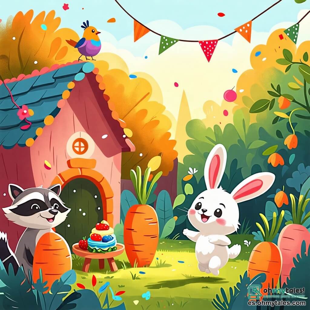 Une illustration sous forme de dessin destinée aux enfants représentant un jardin verdoyant et ensoleillé, avec un petit lapin aux grandes oreilles et au pelage blanc comme la neige, sautant joyeusement près d'une maison colorée faite de grandes carottes, tandis qu'un raton laveur espiègle et un oiseau aux plumes éclatantes l'observent avec des sourires, tous réunis pour préparer une fête pleine de rires et de délicieuses friandises.