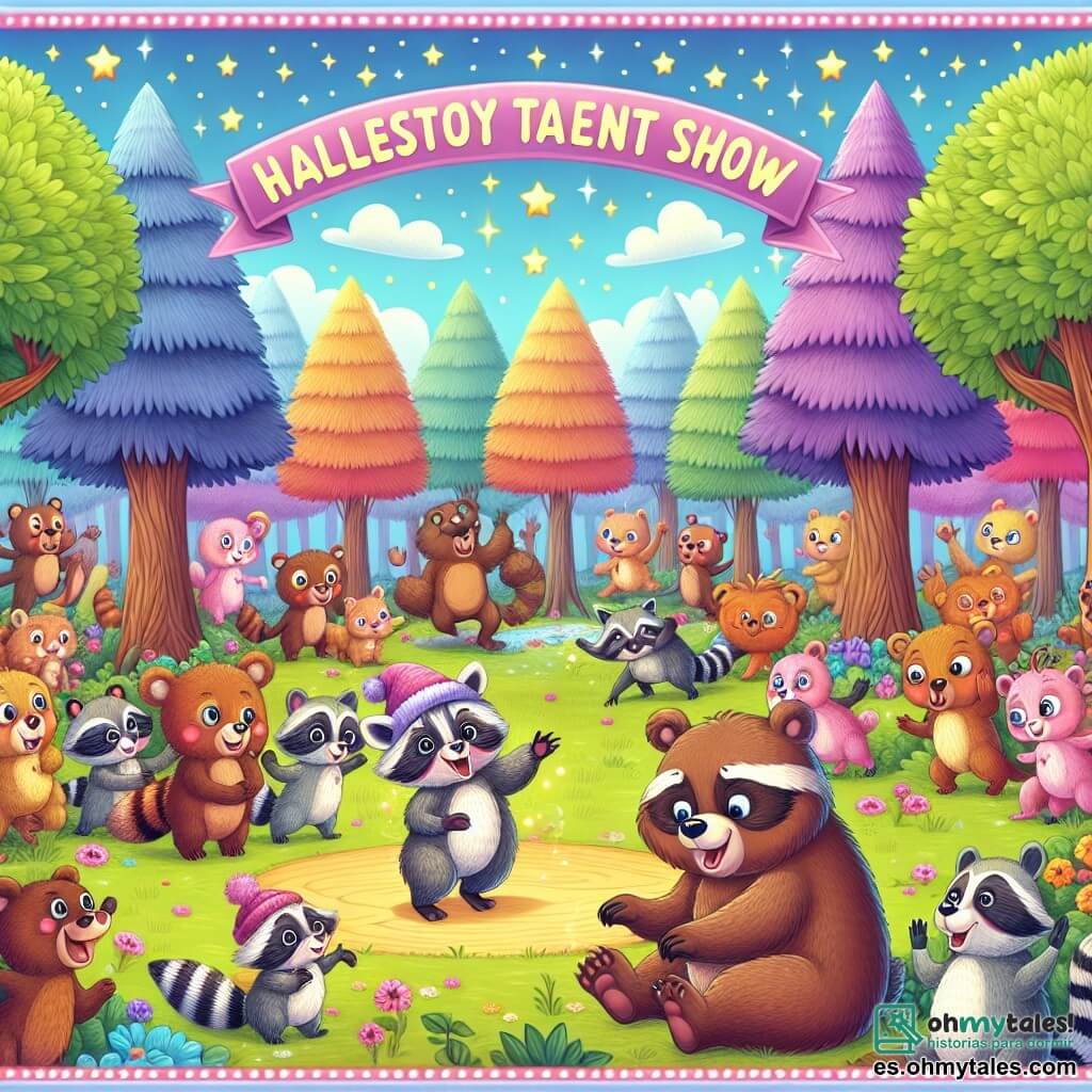 Une illustration destinée aux enfants représentant une petite ourse curieuse découvrant un spectacle de talents hilarants organisé par un maladroit raton laveur, entourés d'autres animaux joyeux dans un magnifique bosquet enchanté aux couleurs vives et aux arbres dansants.
