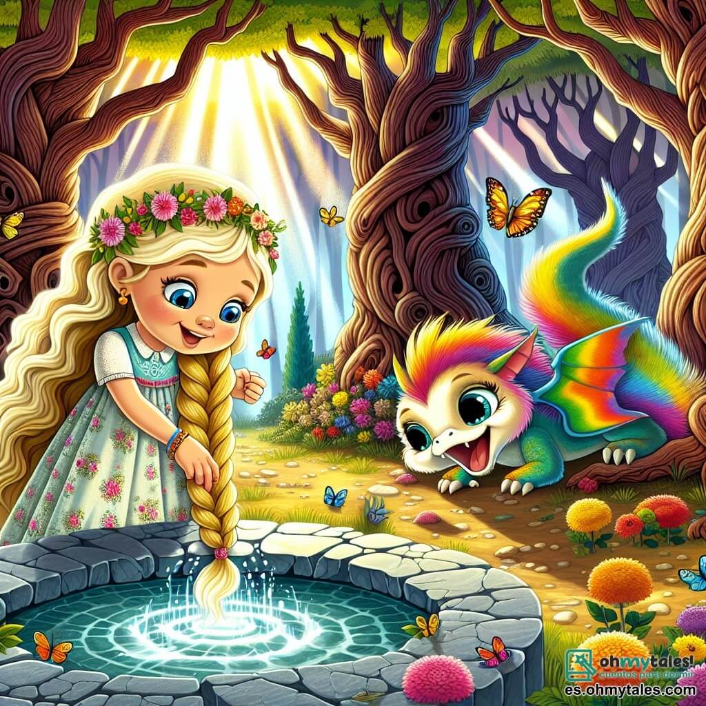 Ilustración que representa un parque urbano mágico, lleno de árboles majestuosos con troncos retorcidos y flores brillantes de colores vivos. En el centro de la imagen, una niña de 7 años con grandes ojos azules brillantes y una larga trenza dorada, vestida con un vestido ligero de estampado floral, toca la superficie de una antigua fuente de mármol, con su rostro iluminado por el asombro. A su lado, un pequeño dragón-gato con escamas brillantes de colores arcoíris, ojos relucientes y una cola enroscada, vuela alegremente a su alrededor, creando una atmósfera de magia y aventura. En el fondo, sombras misteriosas se dibujan entre los árboles, sugiriendo una amenaza inminente, mientras destellos de luz emanan de la fuente, prometiendo sueños y secretos por descubrir. Mariposas coloridas vuelan a su alrededor, añadiendo un toque de fantasía a esta escena encantada.