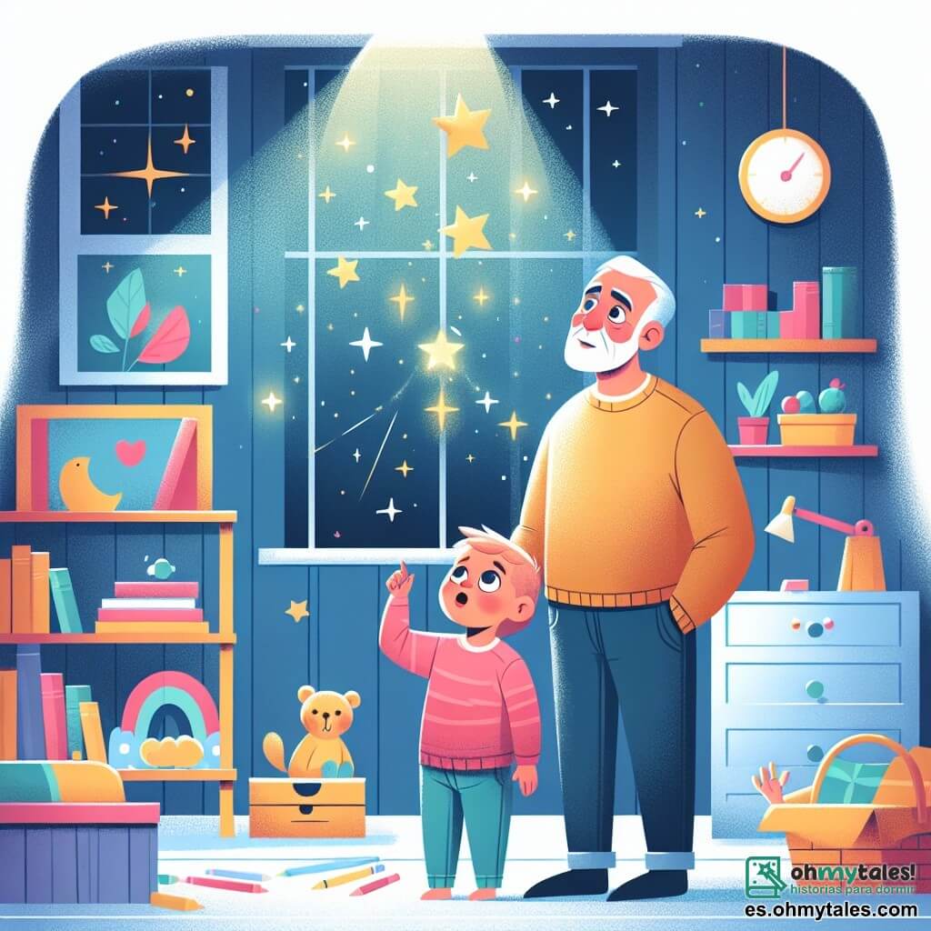 Une illustration destinée aux enfants représentant un petit garçon aux yeux grands ouverts, découvrant les étoiles brillantes dans le ciel nocturne, accompagné de son père, un homme chaleureux et rassurant, dans une chambre décorée de jouets colorés et de livres rangés sur une étagère en bois.