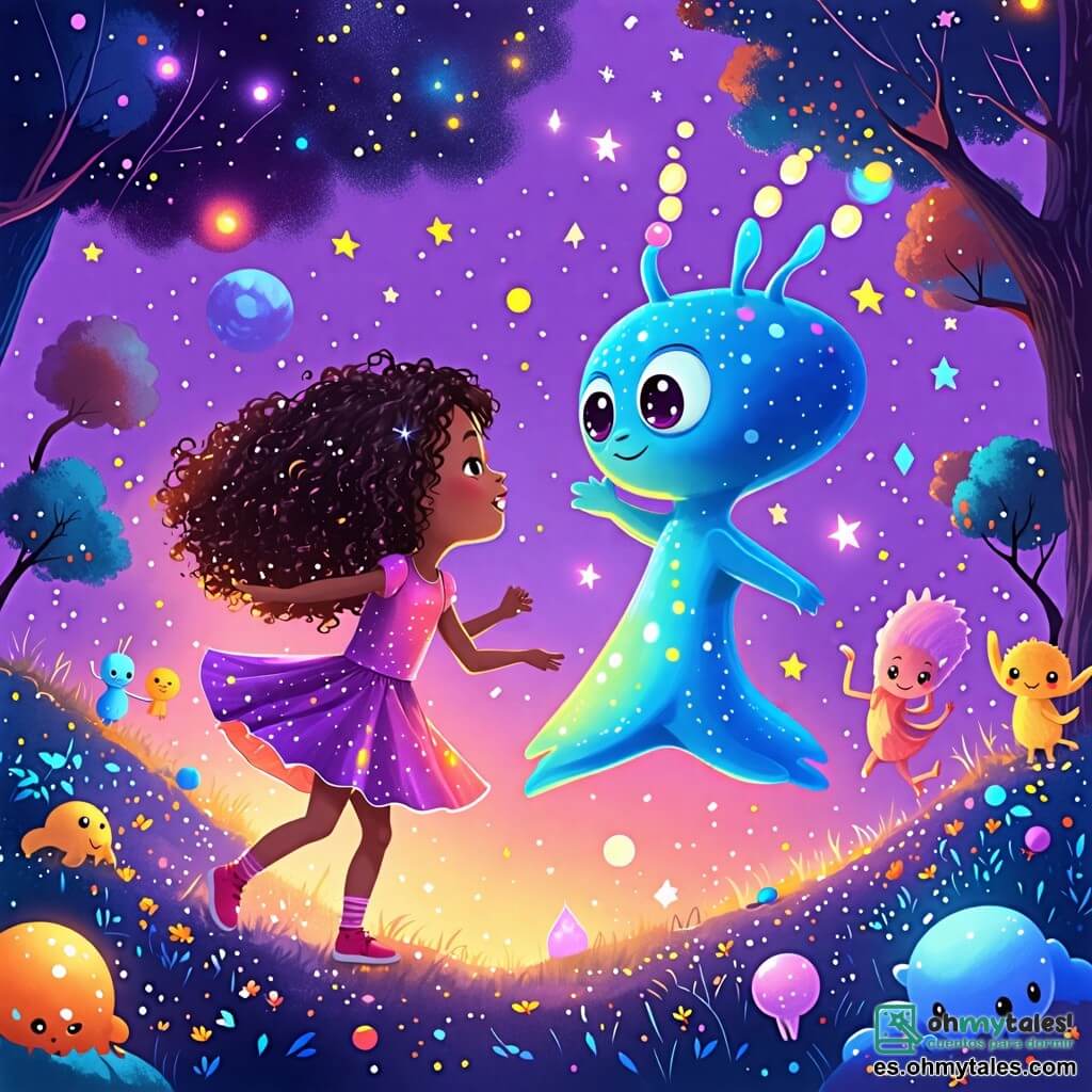 Une illustration sous forme de dessin destinée aux enfants représentant un paysage féerique du planète Xylo, avec un ciel violet parsemé d'étoiles brillantes et des arbres aux feuilles de cristal scintillant, au centre une fille de 6 ans aux cheveux bouclés et aux yeux pétillants, vêtue d'une robe colorée, qui danse joyeusement avec un extraterrestre bleu aux grands yeux ronds et aux antennes vibrantes, tandis qu'un groupe d'autres créatures colorées aux formes variées, comme des nuages et des pelotes, les entoure en chantant et en célébrant leur amitié lors d'une fête magique.