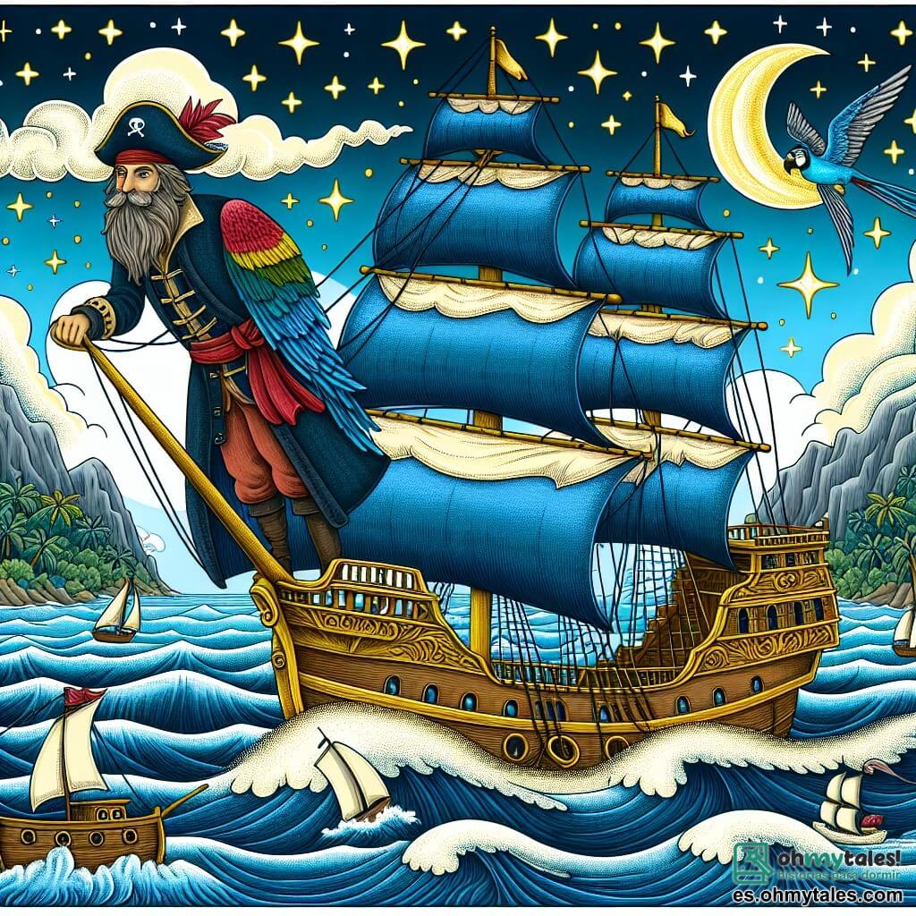 Une illustration destinée aux enfants représentant un courageux marin barbu, naviguant sur un navire majestueux, accompagné de son fidèle perroquet, sur une mer scintillante parsemée d'îles mystérieuses et de voiles au loin.