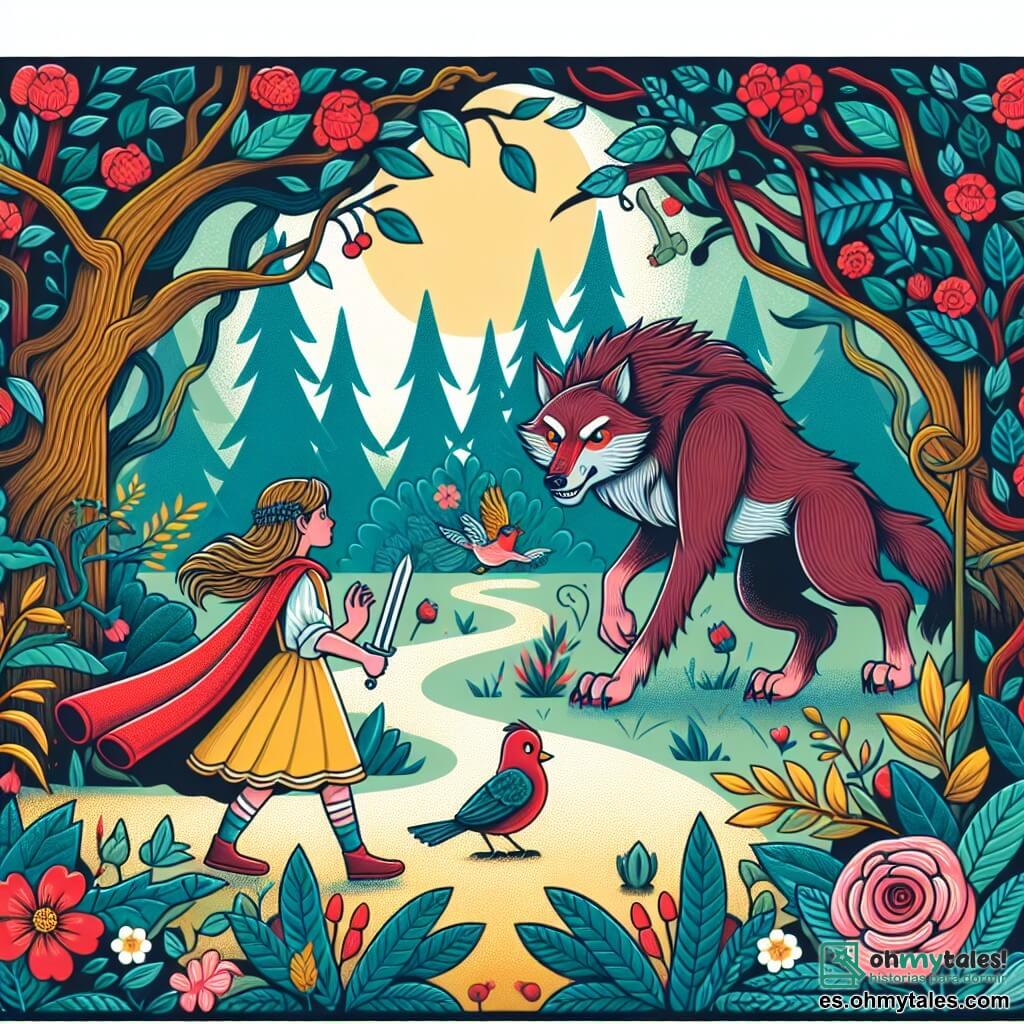 Une illustration destinée aux enfants représentant une petite fille courageuse confrontée au grand loup féroz dans une forêt enchantée, avec en second plan un petit oiseau perdu piégé dans un arbuste fleuri aux couleurs vives.