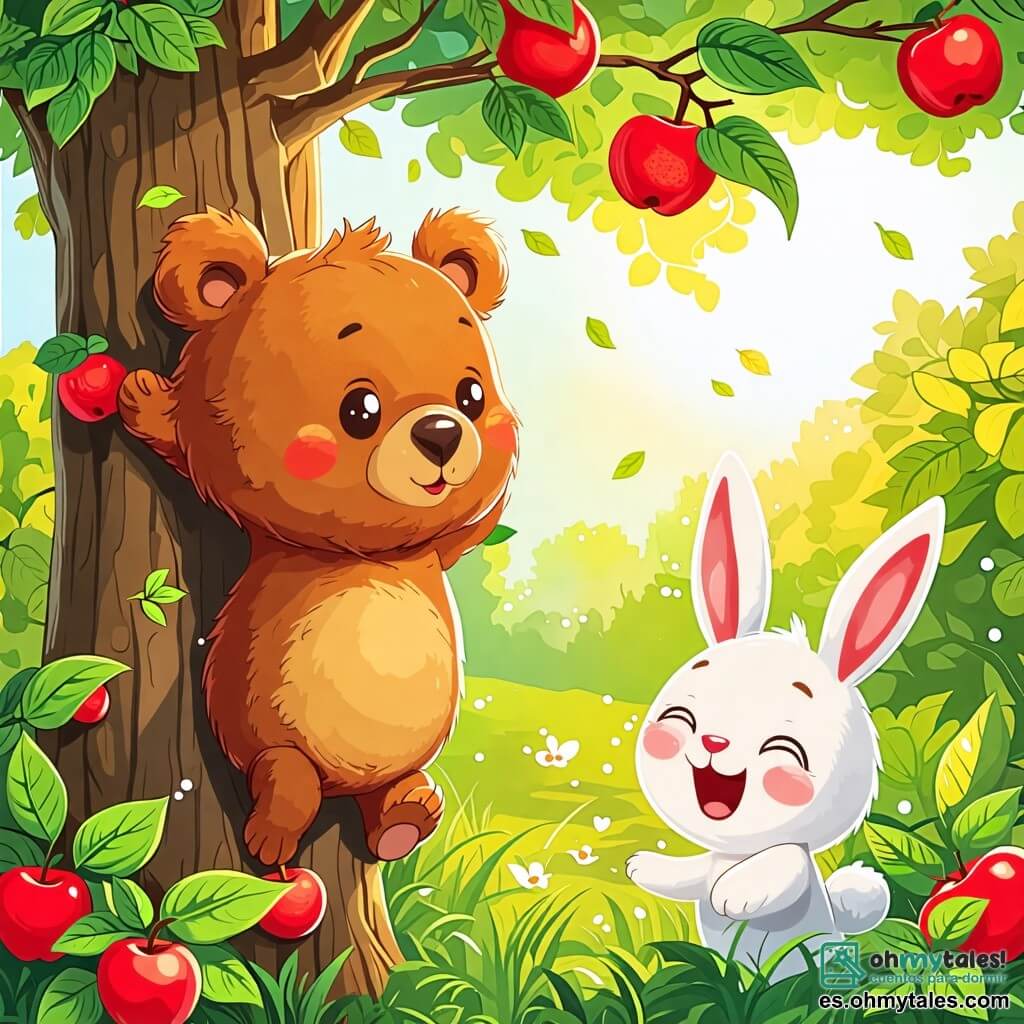 Une illustration sous forme de dessin destinée aux enfants représentant une forêt colorée et ensoleillée, avec un ours brun aux yeux pétillants, coincé dans les branches d'un arbre, entouré de feuilles vertes et de pommes rouges, tandis qu'un petit lapin blanc aux grandes oreilles rit joyeusement en bas, prêt à aider son ami à se libérer, créant une scène amusante et pleine de camaraderie.