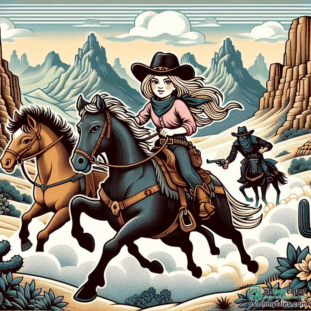 Une illustration destinée aux enfants représentant une jeune cowgirl audacieuse chevauchant son fidèle destrier à travers les canyons poussiéreux du Far West, accompagnée par un mystérieux bandido, dans le décor sauvage et majestueux des montagnes et déserts de l'Ouest américain.