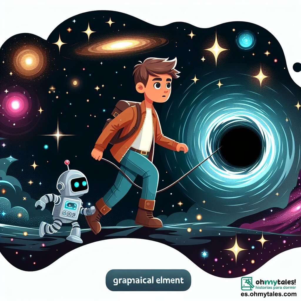 Une illustration destinée aux enfants représentant un homme courageux explorant un mystérieux agujero noir avec l'aide d'un petit robot lumineux, entourés d'étoiles scintillantes et de galaxies colorées dans l'immensité de l'espace futuriste.