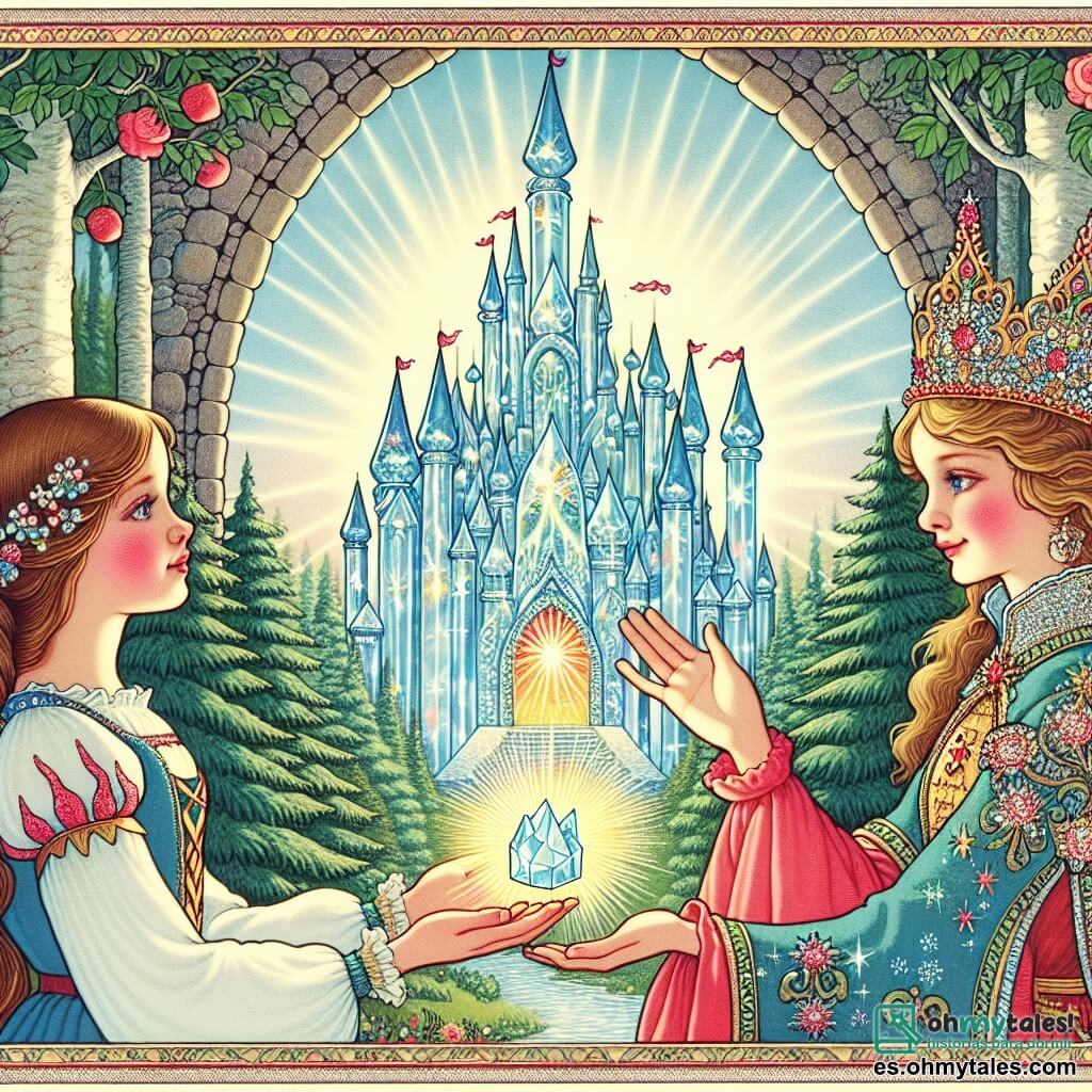 Une illustration destinée aux enfants représentant une jeune femme au cœur pur, affrontant des épreuves magiques avec l'aide d'un enchanteresse bienveillante, dans un château de cristal étincelant au milieu d'un bosquet enchanté.