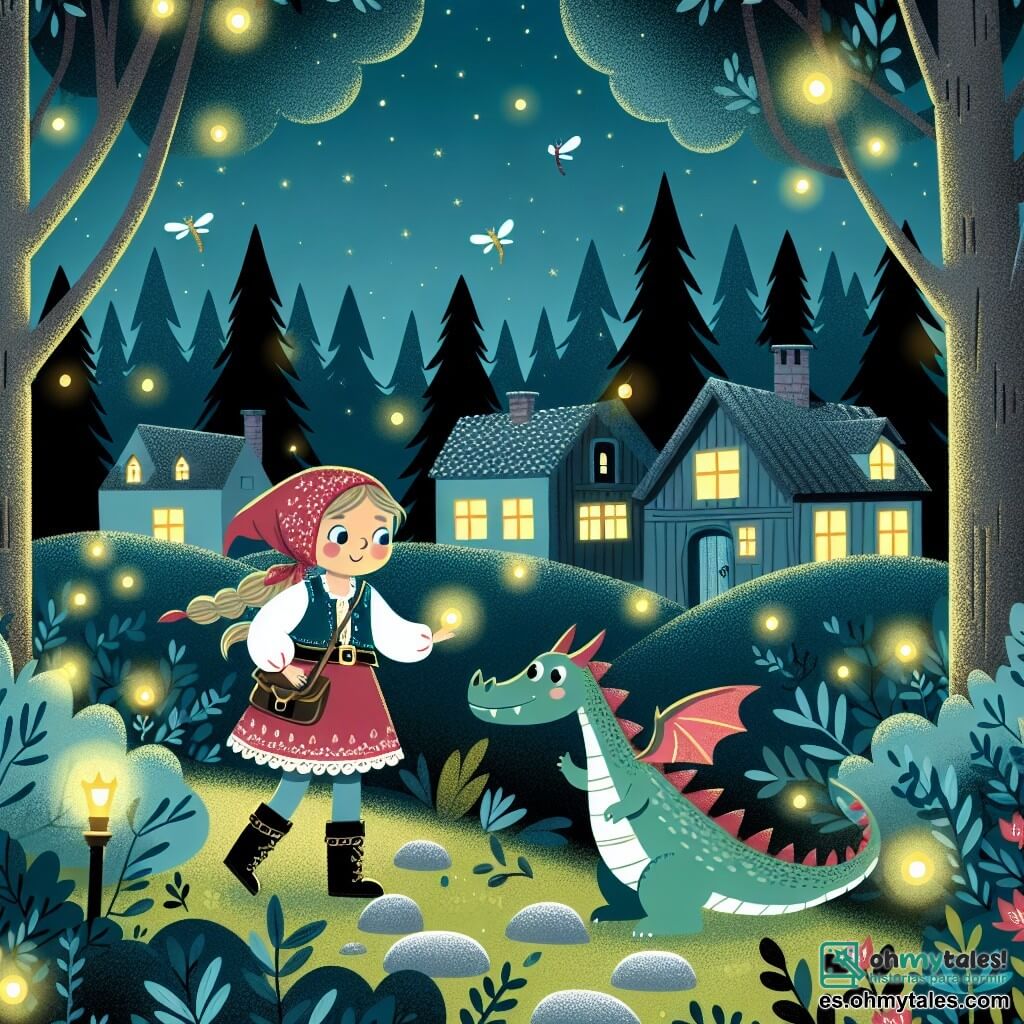 Une illustration destinée aux enfants représentant une courageuse jeune fille découvrant un mystérieux bosquet enchanté, accompagnée d'un dragon amical, dans un village entouré de bois sombres et de lucioles scintillantes.