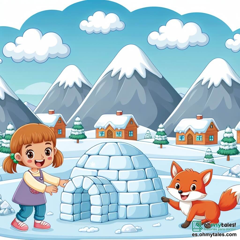 Une illustration destinée aux enfants représentant une petite fille joyeuse construisant un iglú avec l'aide d'un zorrito malicieux, au cœur d'un village enneigé entouré de montagnes majestueuses.