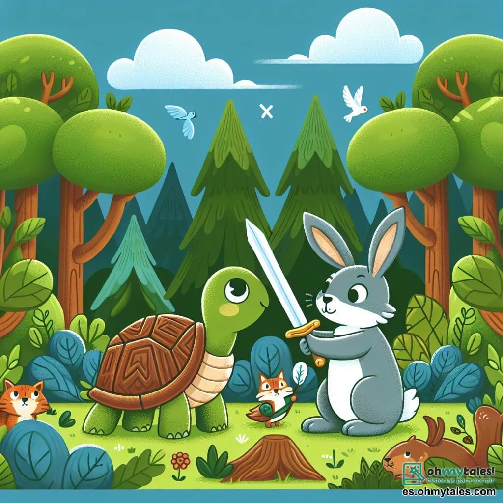 Une illustration destinée aux enfants représentant une tortue courageuse défiant une liebre arrogante dans le magnifique et verdoyant bosque de Roble.
