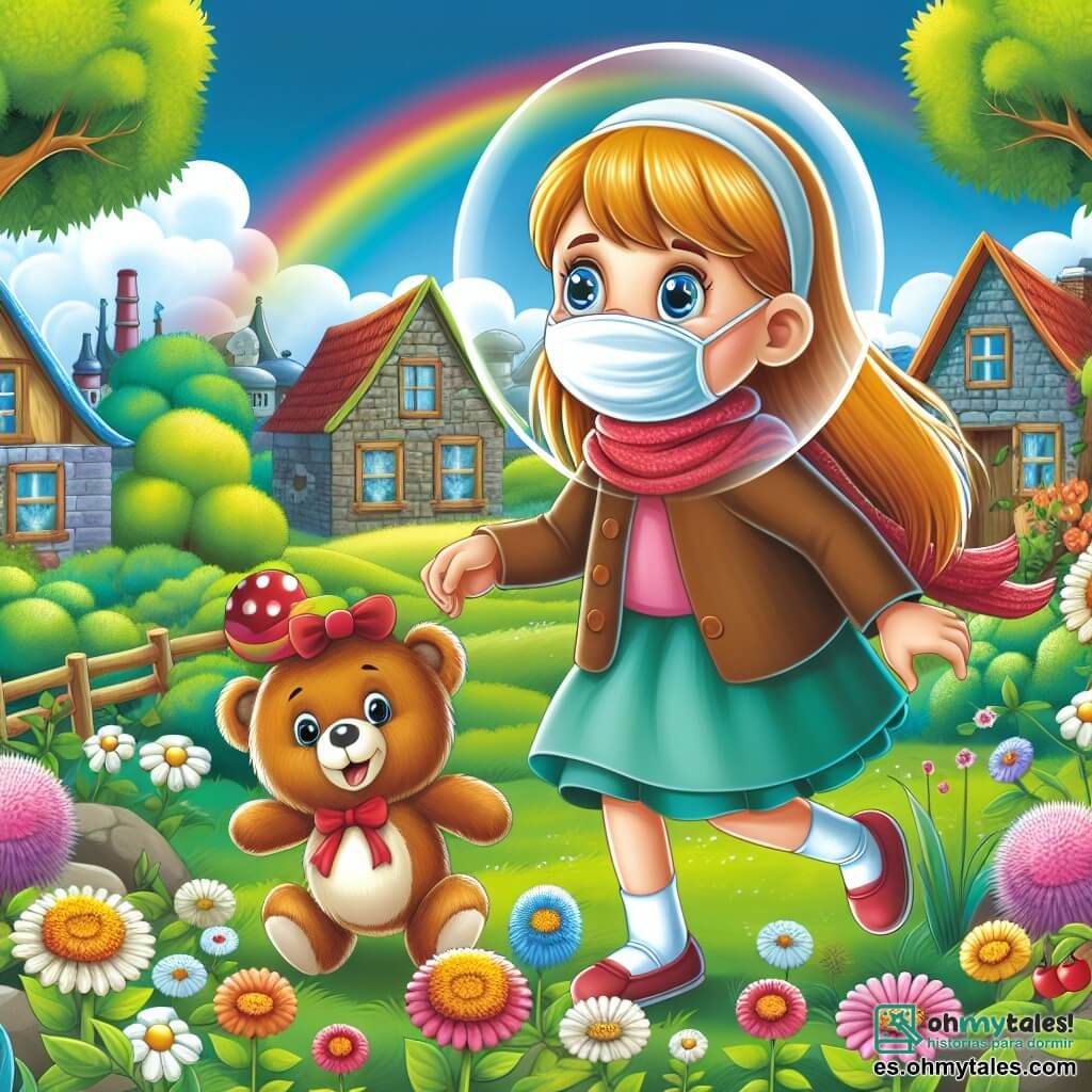 Une illustration destinée aux enfants représentant une fillette souriante et courageuse affrontant une maladie mystérieuse, accompagnée de son fidèle ours en peluche, dans un petit village entouré de champs verdoyants et de fleurs colorées.