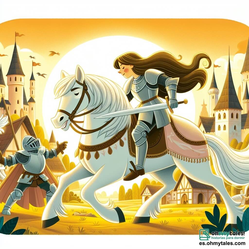 Une illustration destinée aux enfants représentant une chevalière courageuse affrontant des créatures maléfiques pour protéger un village paisible, accompagnée de son fidèle corcel blanc, dans un royaume médiéval baigné par la lumière dorée du soleil couchant.