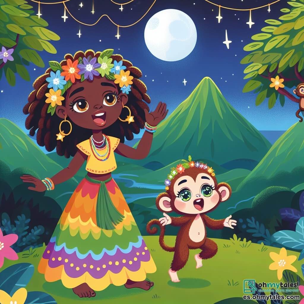 Une illustration sous forme de dessin destinée aux enfants représentant une magnifique montagne verdoyante sous un ciel étoilé, où une jeune femme aux cheveux crépus et à la peau dorée, vêtue d'une robe colorée, chante joyeusement tout en tenant une couronne de fleurs, accompagnée d'un petit singe espiègle aux yeux vifs qui se balance sur une branche, alors qu'ils se préparent à affronter une tempête imminente, symbolisant leur courage et leur amitié dans leur quête pour rencontrer un esprit ancestral sage.