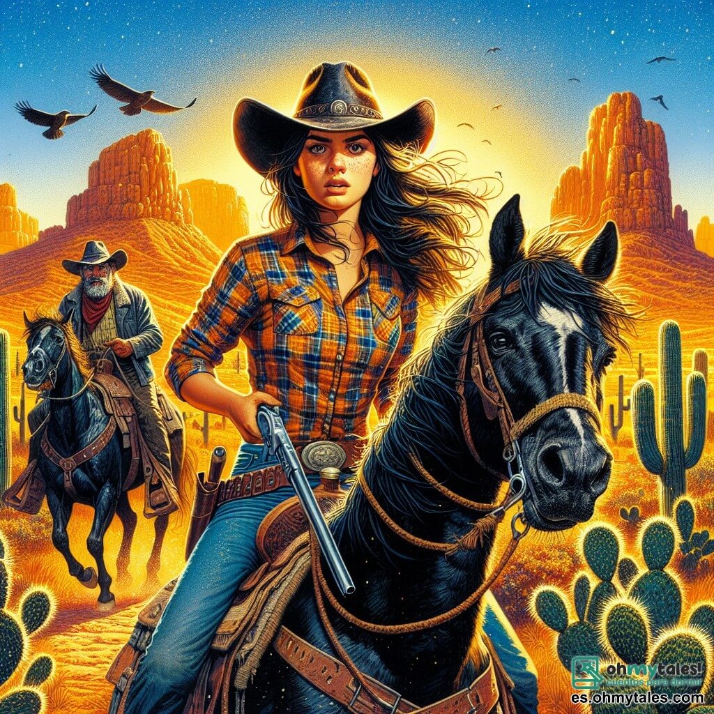 Ilustración que representa un extenso rancho en el corazón del desierto de Sonora, con colinas doradas en el horizonte y cactus dispersos bajo un cielo azul brillante. En primer plano, una joven vaquera, con el cabello castaño desordenado bajo un amplio sombrero de cowboy, lleva una camisa de cuadros y pantalones de mezclilla. Monta un caballo negro, Estrella, con determinación, sosteniendo un lazo en una mano, lista para defender su territorio. A su lado, un hombre maduro, con el rostro curtido por el sol y barba canosa, observa la escena con expresión preocupada. Lleva una camisa de franela y un chaleco de cuero, y sostiene un rifle, listo para proteger el rancho. La situación principal muestra a la vaquera y al hombre preparándose para enfrentar una amenaza inminente, con sombras de siluetas de bandidos perfilándose en el fondo, creando una atmósfera de tensión y aventura. Detalles gráficos adicionales incluyen nubes de polvo levantadas por los cascos de los caballos, aves volando en el cielo y huellas en la arena, simbolizando la inminencia del enfrentamiento.