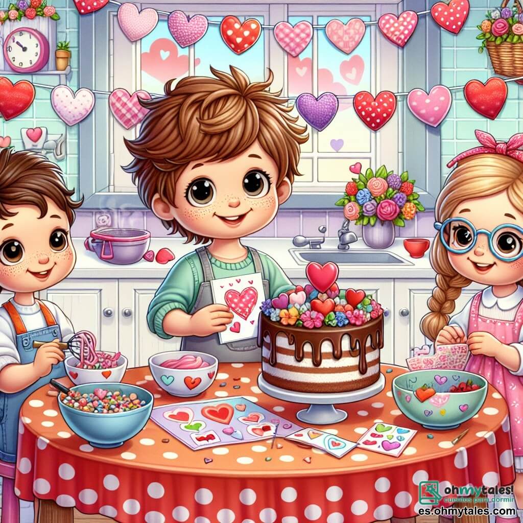 Ilustración que representa una escena alegre en una encantadora cocina decorada para el Día de San Valentín. Las paredes están pintadas en tonos pastel con corazones de papel colgados, y una gran mesa de madera está cubierta con un mantel rojo con lunares blancos. En el centro, un niño de cinco años, con cabello castaño desordenado y ojos brillantes, sonríe sosteniendo una gran tarjeta colorida adornada con corazones y flores. A su lado, una niña de cinco años, con trenzas rubias y un vestido rosa, añade pegatinas brillantes en la tarjeta. Otro niño de cinco años, con gafas y cabello castaño, está mezclando una masa para pastel en un gran bol, mientras que una cuarta niña, con cabello rizado y ojos vivos, se acerca con un ramo de flores coloridas. En la mesa, un delicioso pastel de chocolate espera ser decorado, rodeado de pequeños corazones de azúcar. La atmósfera está llena de risas y emoción, capturando el espíritu de la amistad y el amor compartido en este día especial.