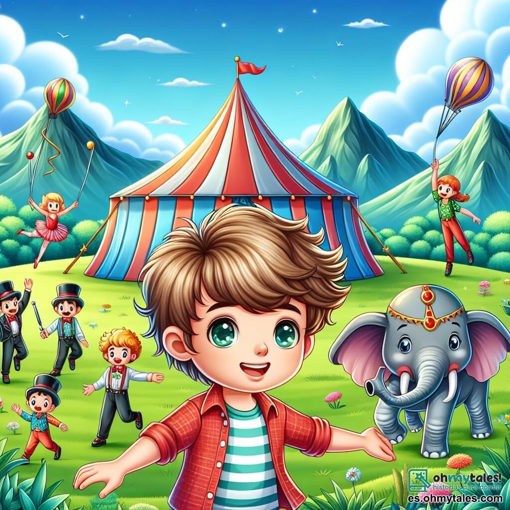 Une illustration destinée aux enfants représentant un jeune garçon aux cheveux ébouriffés et aux yeux brillants, qui découvre un cirque coloré avec des tentes rayées, des jongleurs, des acrobates et un éléphant géant, dans un grand champ verdoyant entouré de montagnes majestueuses et d'un ciel bleu éclatant.