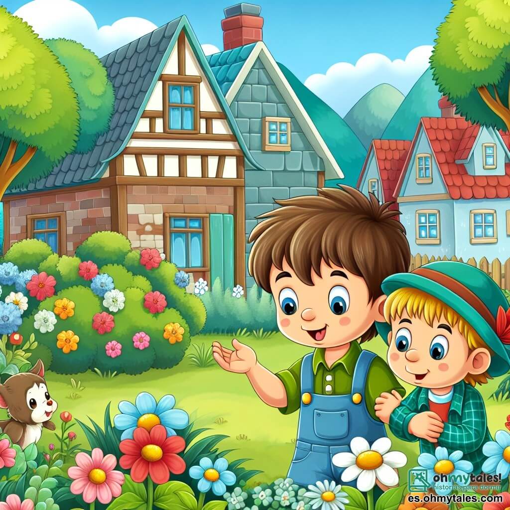 Une illustration destinée aux enfants représentant un jeune garçon plein de curiosité, découvrant les merveilles du printemps aux côtés de son meilleur ami, dans un charmant village entouré de fleurs colorées et d'arbres verdoyants.
