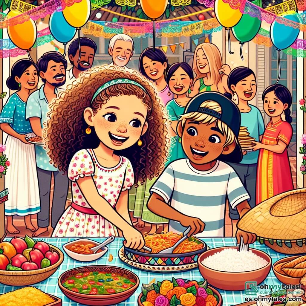 Une illustration sous forme de dessin destinée aux enfants représentant un patio coloré décoré de guirlandes et de ballons, où une fille de 12 ans aux cheveux bouclés et à la peau claire, souriante et pleine d'énergie, prépare une fête avec un garçon de 12 ans à la peau mate et portant une casquette, tous deux en train de disposer des plats traditionnels de différentes cultures sur une grande table, tandis que des familles de diverses origines, comme des Mexicains, des Chinois et des Colombiens, se rassemblent autour d'eux, partageant des rires et des histoires, illustrant ainsi la beauté de la diversité et de l'unité.
