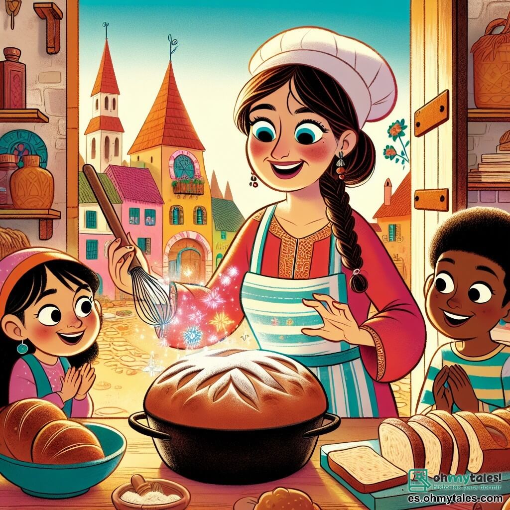 Une illustration destinée aux enfants représentant une boulangère passionnée préparant du pain magique avec l'aide de trois enfants curieux dans sa boulangerie colorée et chaleureuse, située au cœur d'un petit village appelé Dulcehogar.