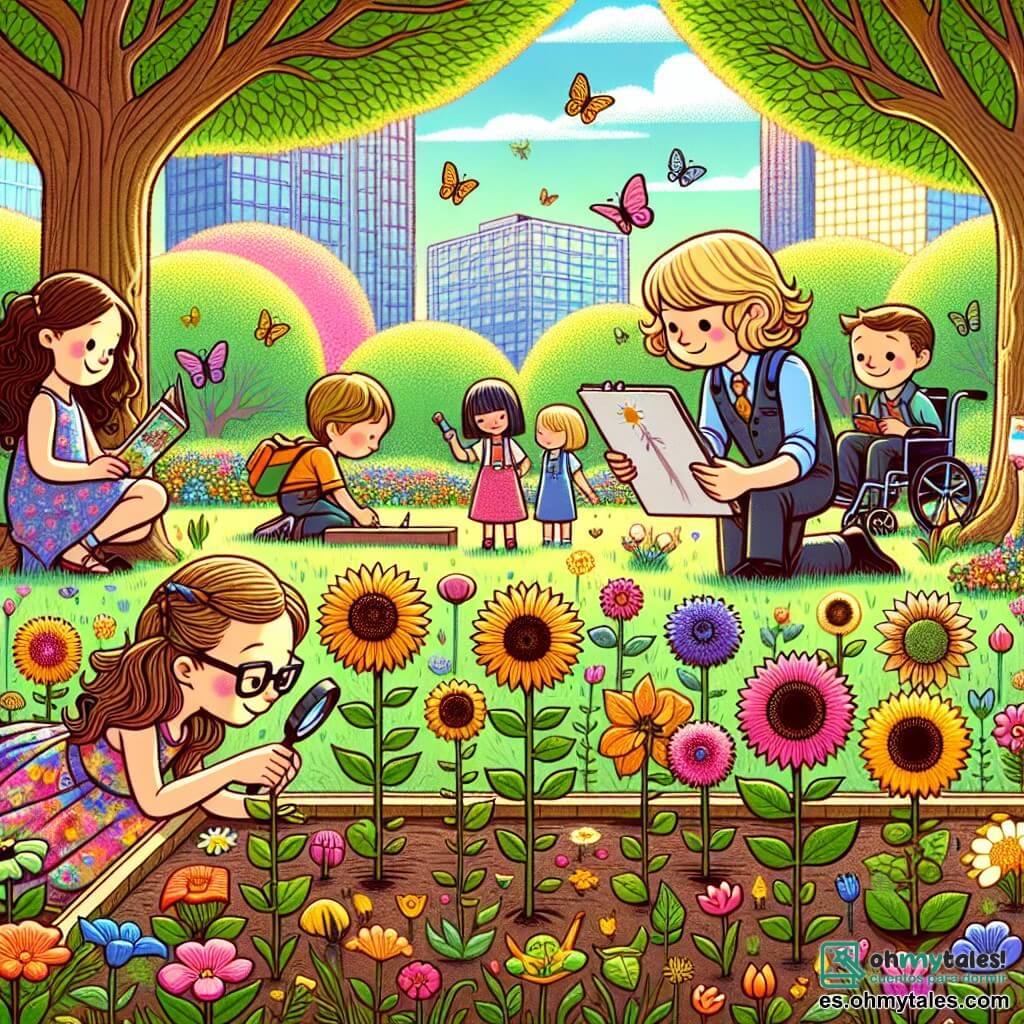 Ilustración que representa un parque en plena floración en primavera, con árboles majestuosos de hojas verdes brillantes y flores coloridas que bailan al viento. En el centro de la imagen, un pequeño grupo de amigos se reúne alrededor de un huerto comunitario, donde brotes de girasoles se elevan con orgullo. Una niña de unos 8 años, con largos cabellos castaños y gafas, se arrodilla cerca de las flores, sosteniendo una lupa para observar los detalles de los pétalos. A su lado, un niño de 9 años, con cabello rubio y rizado, dibuja con lápices de colores en un cuaderno, concentrado en los colores vivos de las flores. Otra niña, de aproximadamente 7 años, con cabello corto y un vestido colorido, lee un libro de cuentos, con ojos brillantes de imaginación. Por último, un niño de 10 años, sentado en una silla de ruedas, sonríe mientras toma fotos con una cámara, capturando los momentos felices de sus amigos. La escena irradia una atmósfera de alegría y asombro, con mariposas revoloteando alrededor de las flores y un cielo azul claro salpicado de nubes blancas. Los pájaros cantan en los árboles, añadiendo un toque de magia a este hermoso día de primavera.