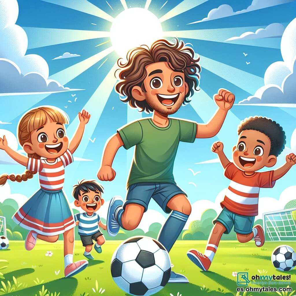 Une illustration sous forme de dessin destinée aux enfants représentant un vaste champ verdoyant sous un ciel ensoleillé, avec un jeune homme aux cheveux bruns et bouclés, souriant et en train de dribbler un ballon de football, entouré de deux enfants : une fille aux cheveux blonds et tressés, levant les bras avec enthousiasme, et un garçon aux cheveux noirs et courts, riant tout en courant à ses côtés, capturant l'esprit de camaraderie et de joie du jeu de football.