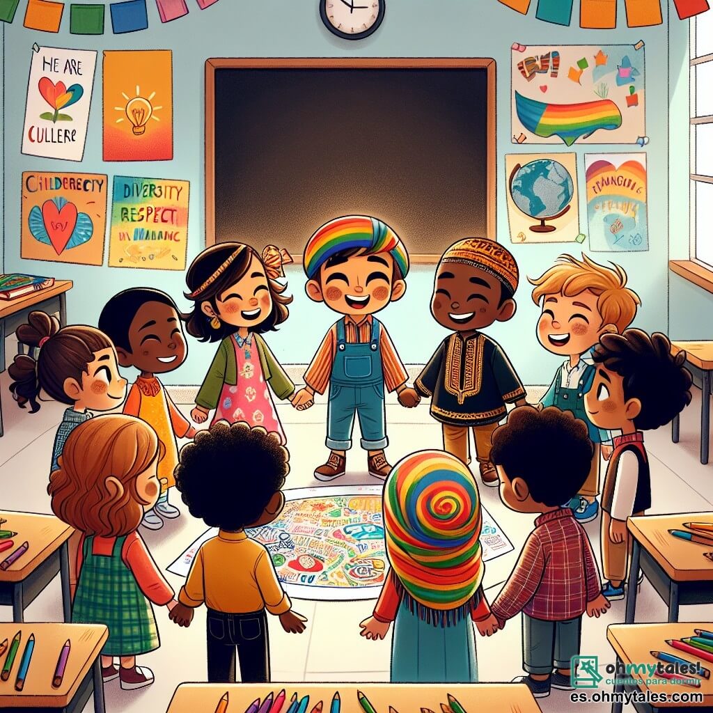 Ilustración que representa un aula luminosa y acogedora, con paredes decoradas con dibujos coloridos y una gran pizarra al fondo. En el centro, un grupo de niños está en círculo, cada uno vistiendo ropa de colores vivos, simbolizando su diversidad cultural. Entre ellos, un niño de 11 años, con cabello rizado y castaño, sostiene un gran dibujo que representa un mural. A su lado, una niña de 10 años, con un bonito pañuelo colorido en la cabeza, mira con admiración el dibujo. Otro niño, de origen latinoamericano, con ojos brillantes y una amplia sonrisa, escucha atentamente. La escena principal muestra a estos niños discutiendo con entusiasmo sobre la diversidad y el respeto, unidos por su deseo de crear un mural que celebre sus diferencias. Al fondo, carteles con mensajes de tolerancia y amistad añaden un toque inspirador a la atmósfera. Lápices y papeles están esparcidos sobre los escritorios, testimoniando su creatividad y colaboración.