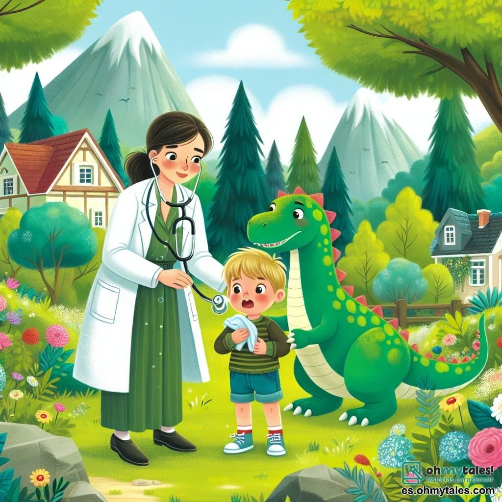 Une illustration destinée aux enfants représentant une jeune femme médecin très aimée dans une petite ville, venant en aide à un garçon courageux et à son ami dinosaure malade, dans un magnifique bosque verdoyant aux arbres touffus et aux fleurs colorées.