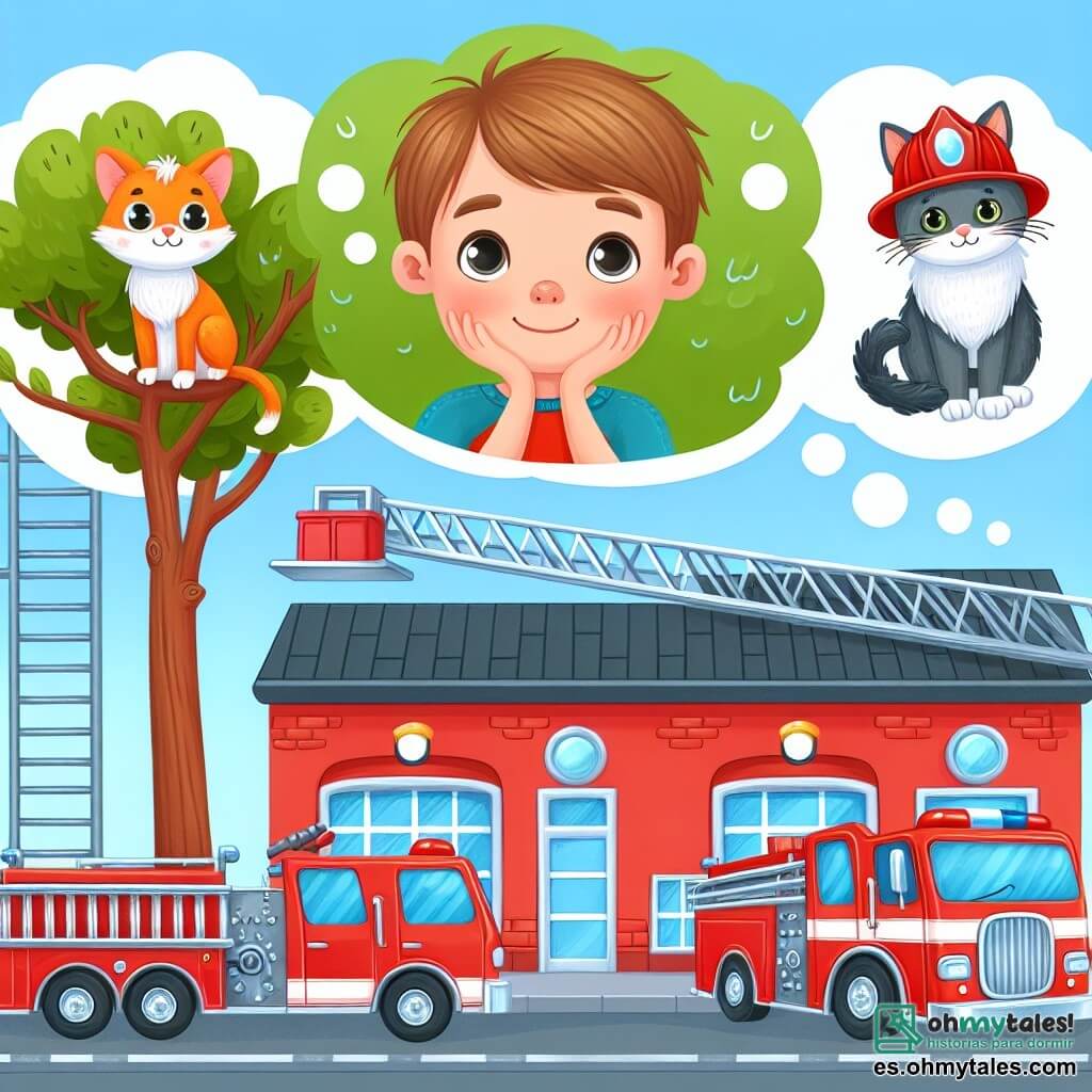 Une illustration destinée aux enfants représentant un jeune garçon rêvant de devenir un héros, un chat curieux perché sur un arbre, une station de pompiers rouge vif avec une grande échelle et des camions brillants, où se déroulent des sauvetages palpitants.